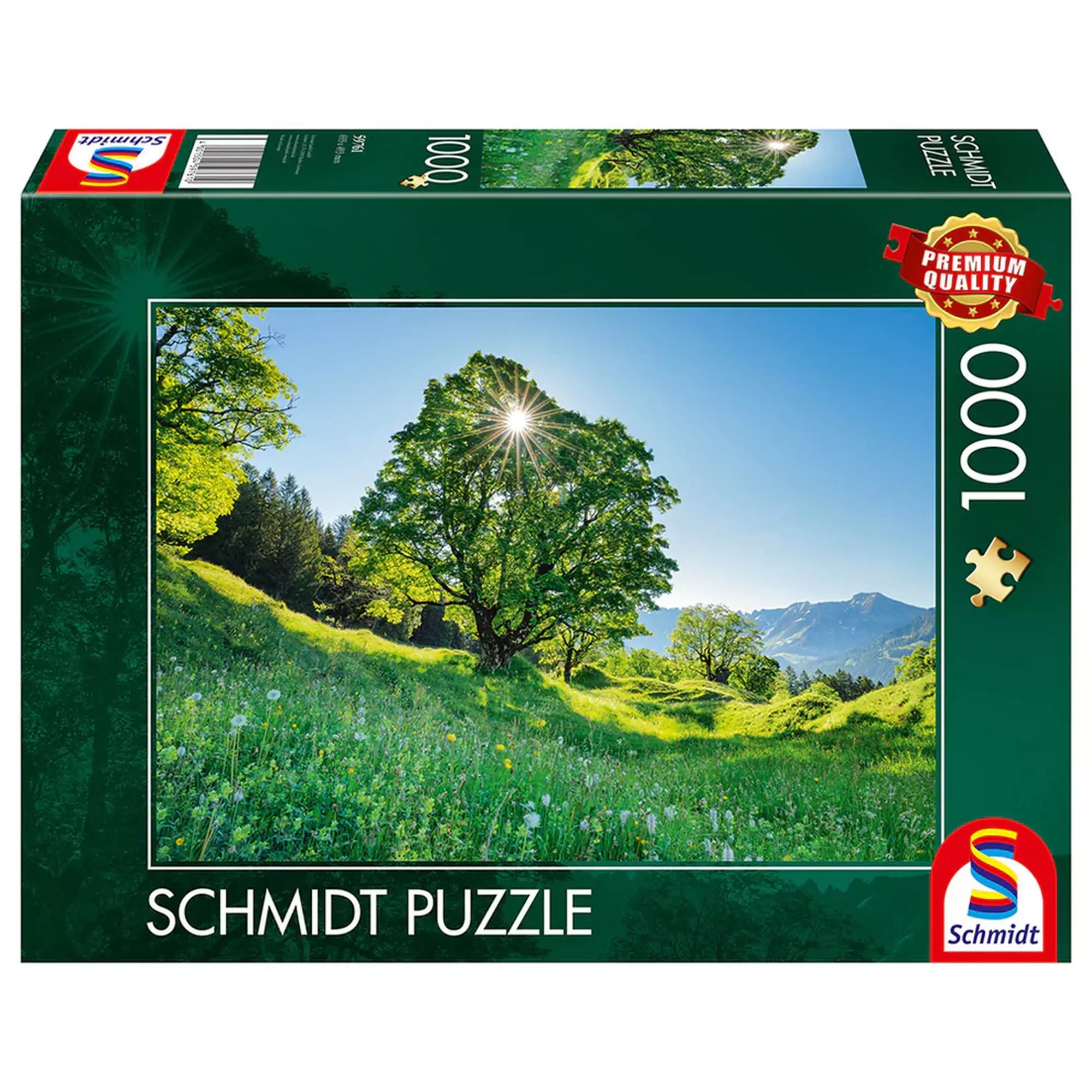 Puzzle Schmidt Sycamore maple in the sunlight St. Gallen Switzerland doboza, 1000 darabos prémium kirakó napfényben fürdő juharfával és alpesi tájjal.