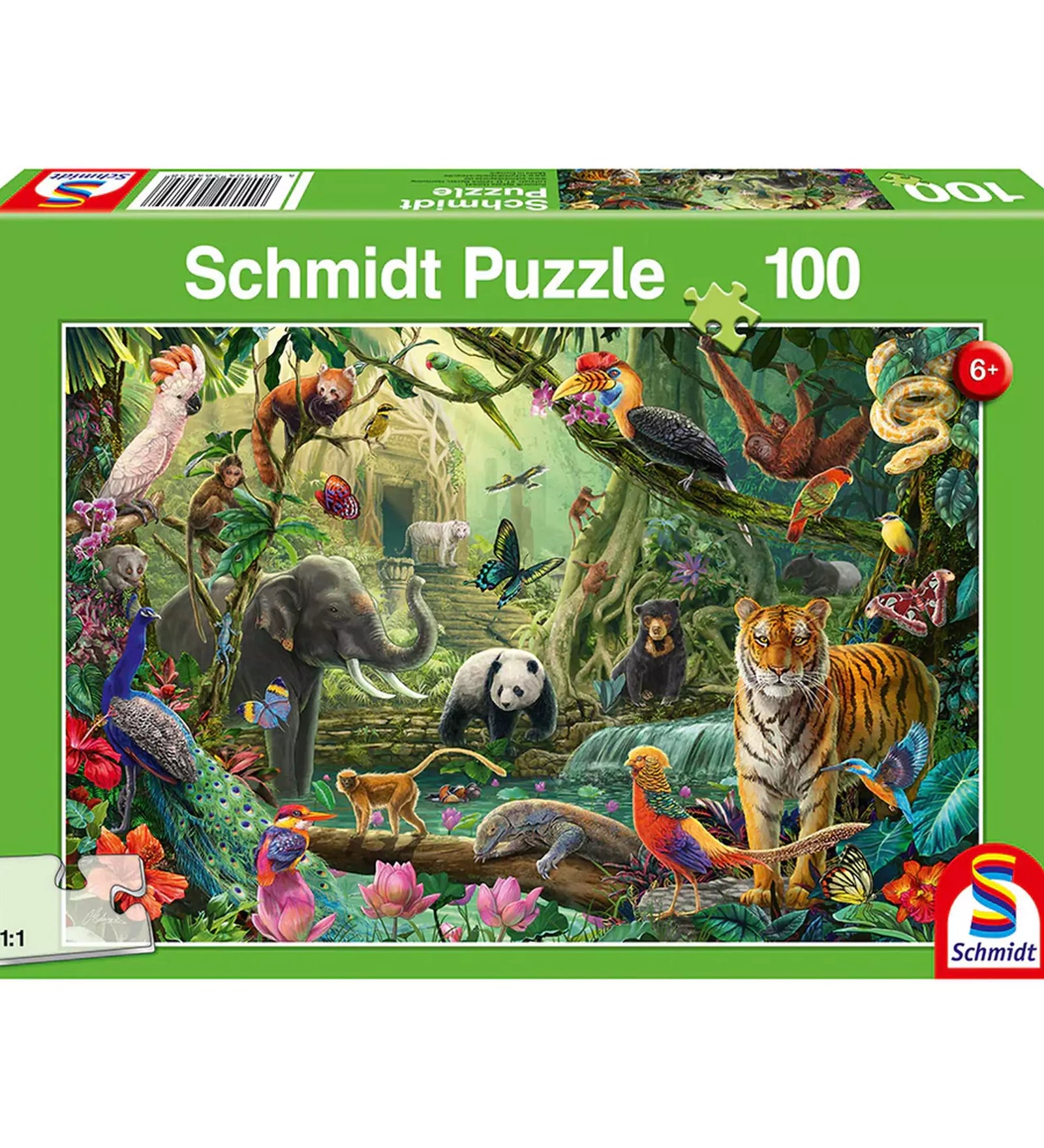 Puzzle Schmidt: Színes dzsungel doboza, 100 darabos kirakó élénk trópusi állatokkal és buja növényzettel.