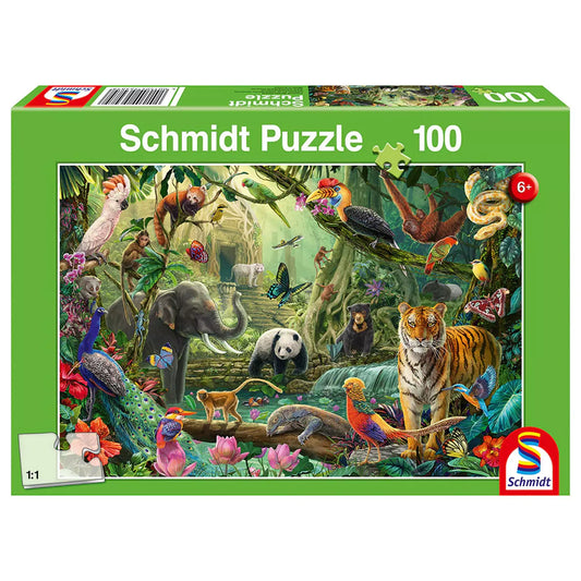 Puzzle Schmidt: Színes dzsungel doboza, 100 darabos kirakó élénk trópusi állatokkal és buja növényzettel.