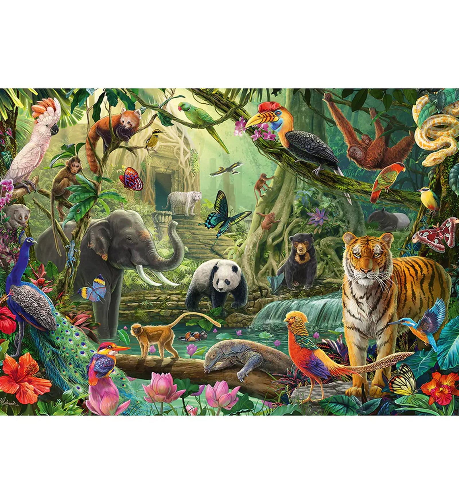 Puzzle Schmidt: Színes dzsungel kirakó teljes képe, dzsungelben élő állatokkal, például tigrissel, pandával, elefánttal és színes madarakkal.