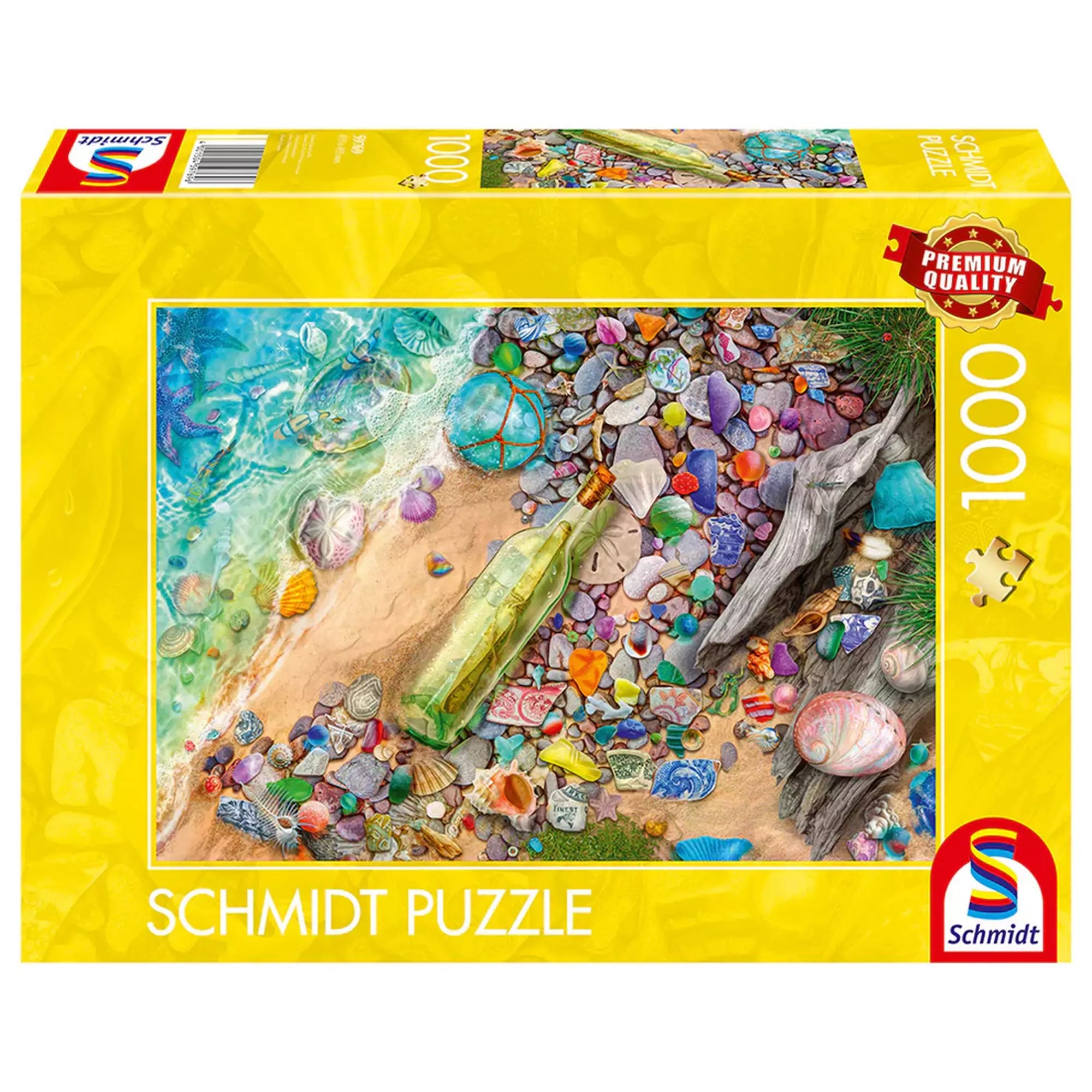 Puzzle Schmidt Tengerparti kincsek – 1000 darabos puzzle doboza színes kavicsokkal, kagylókkal és titkos üzenetet rejtő palackkal.