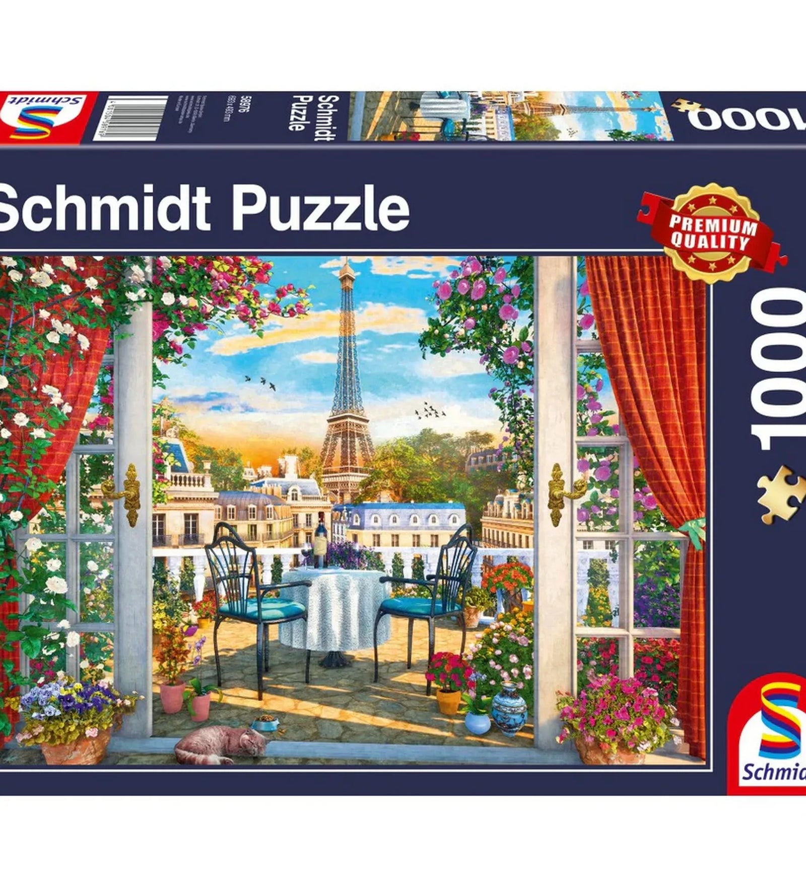 Schmidt Puzzle Egy terasz Párizsban dobozkép, 1000 darabos prémium puzzle, párizsi terasz asztallal és székekkel, virágos ablakkerettel és az Eiffel-torony látványával.