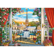 Egy terasz Párizsban 1000 darabos Schmidt puzzle illusztráció, romantikus párizsi terasz virágokkal, reggelizőasztallal, kilátással az Eiffel-toronyra, részletgazdag, festményszerű stílusban.