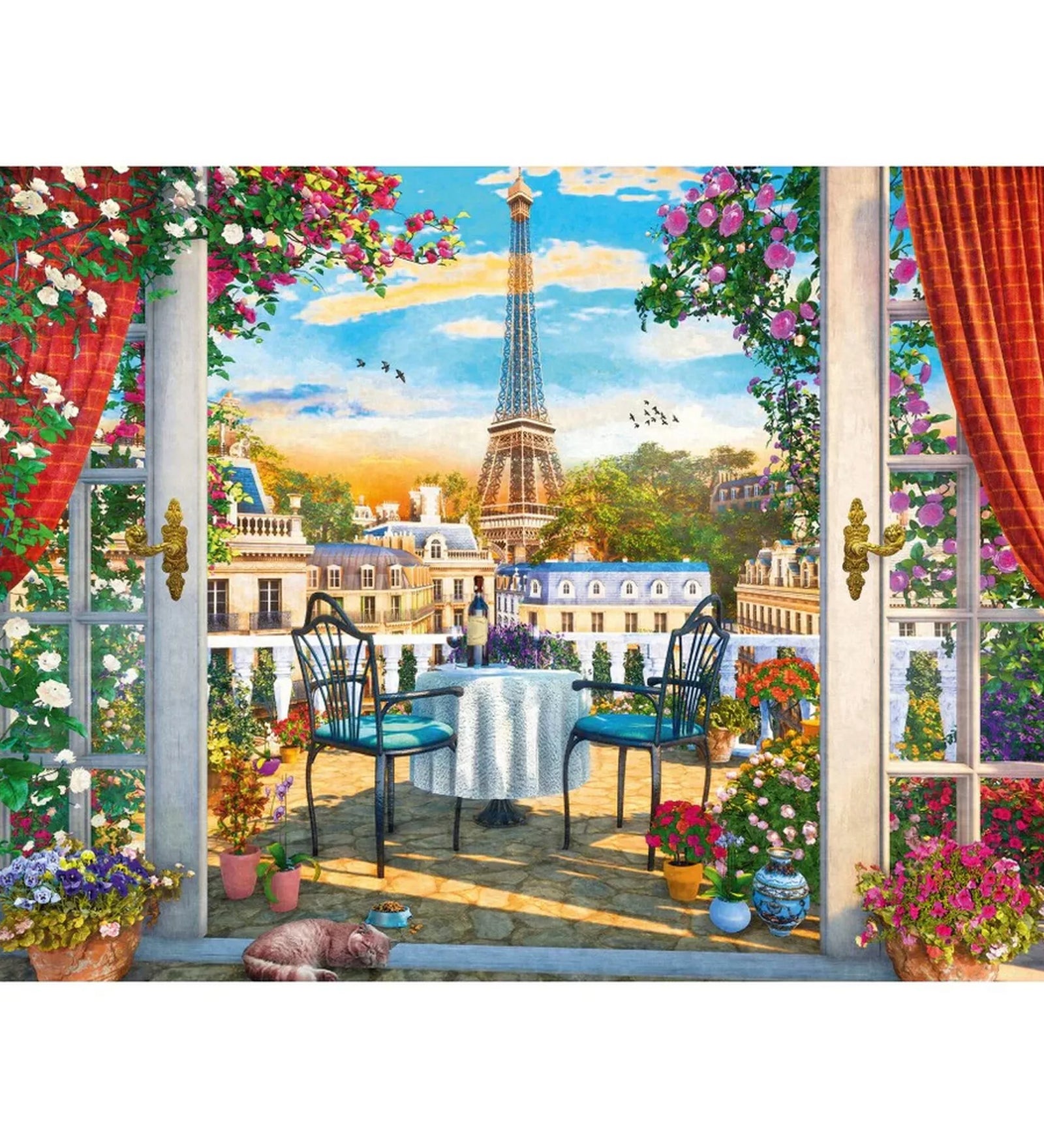 Egy terasz Párizsban 1000 darabos Schmidt puzzle illusztráció, romantikus párizsi terasz virágokkal, reggelizőasztallal, kilátással az Eiffel-toronyra, részletgazdag, festményszerű stílusban.