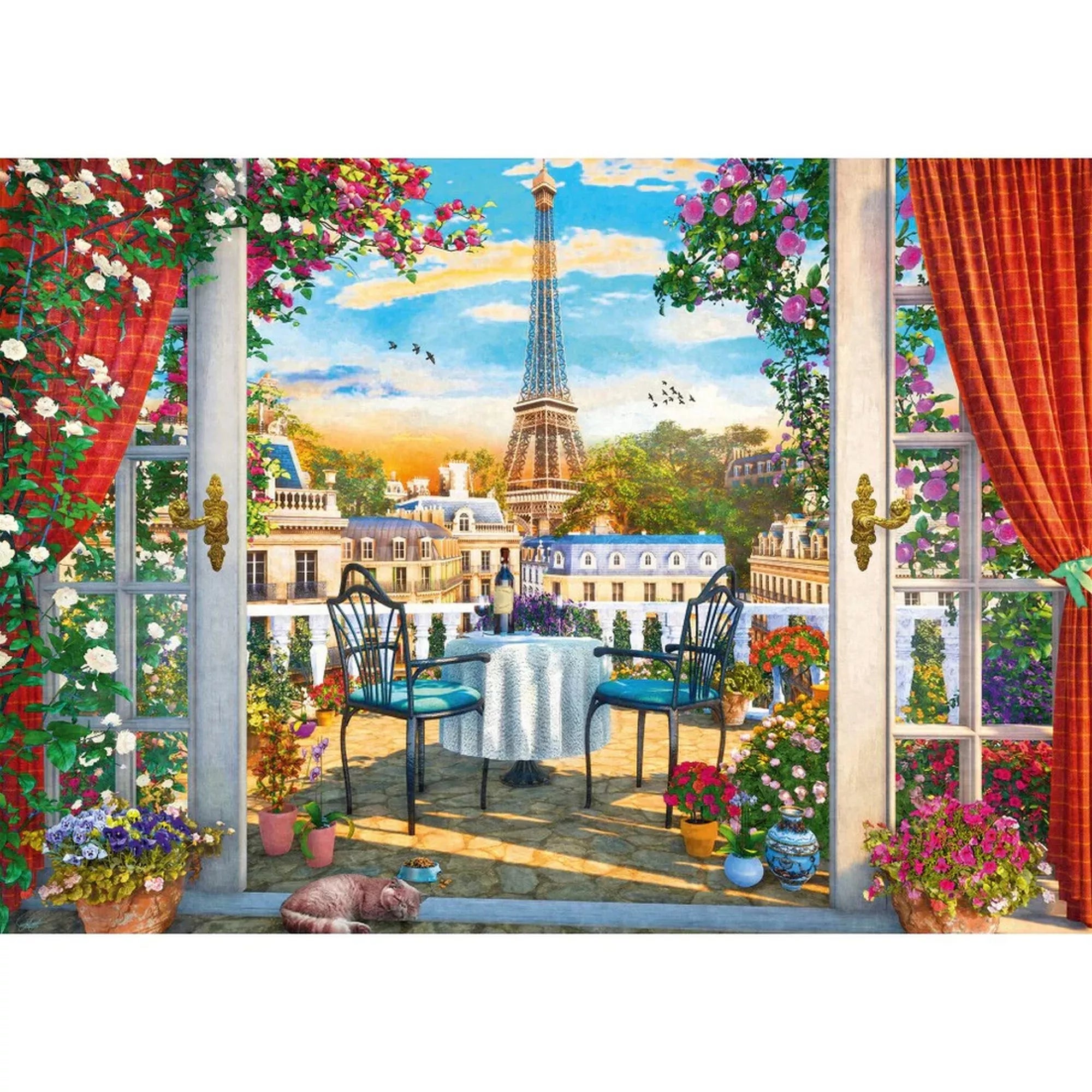 Egy terasz Párizsban 1000 darabos Schmidt puzzle illusztráció, romantikus párizsi terasz virágokkal, reggelizőasztallal, kilátással az Eiffel-toronyra, részletgazdag, festményszerű stílusban.