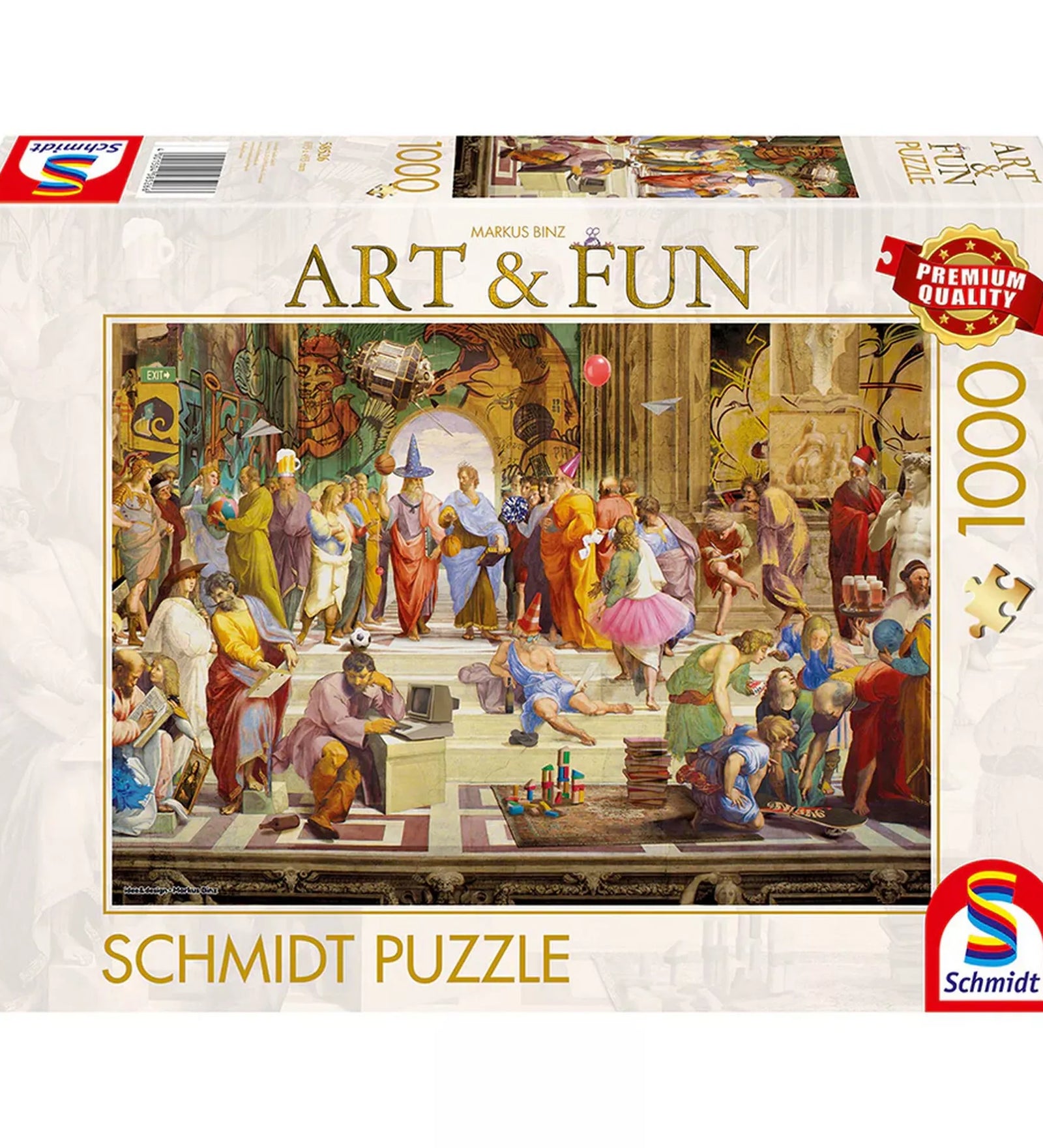 Schmidt Puzzle The School of Athens 2024 dobozkép, 1000 darabos Art & Fun kirakó Markus Binz modern illusztrációjával, prémium minőségű Schmidt puzzle csomagolás.