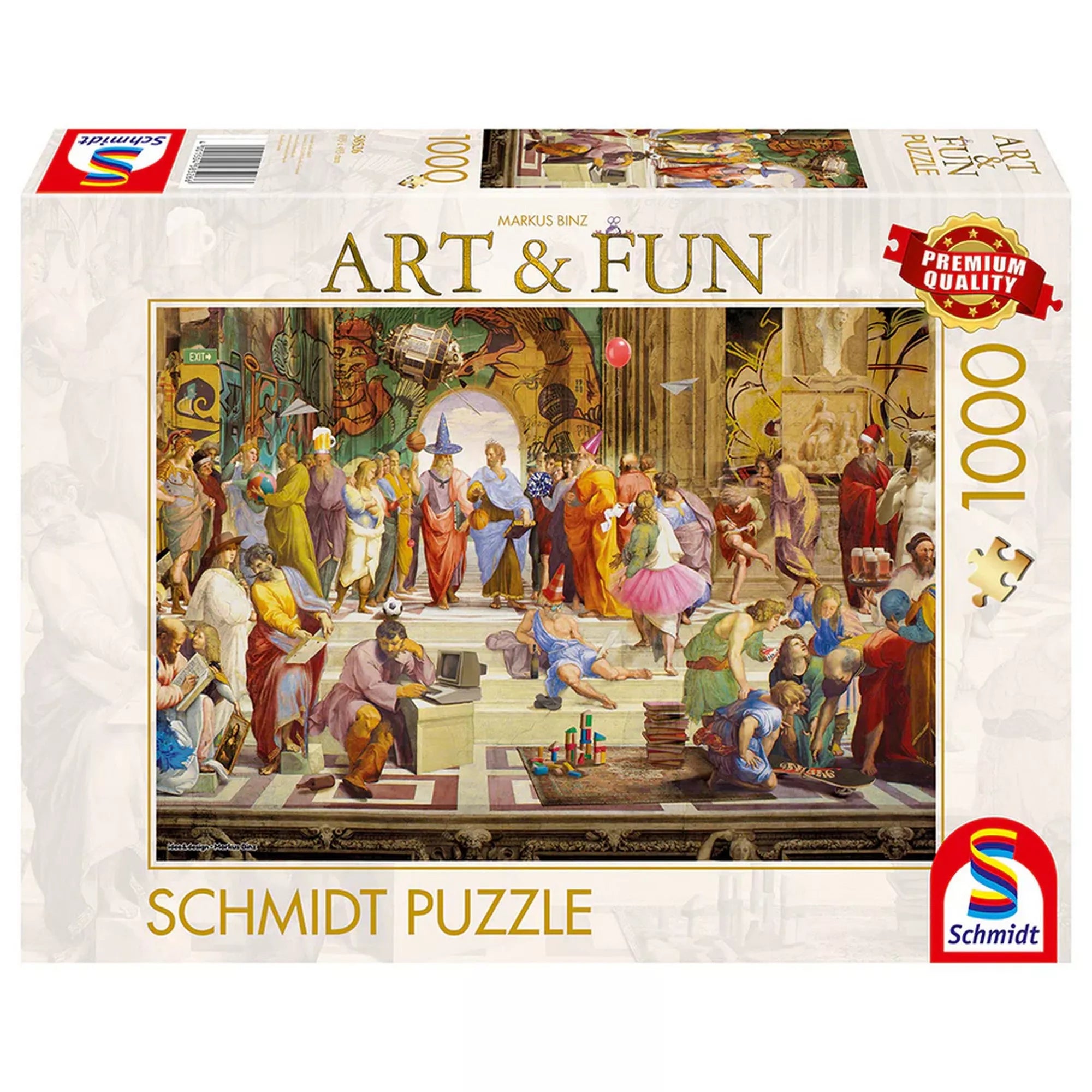 Schmidt Puzzle The School of Athens 2024 dobozkép, 1000 darabos Art & Fun kirakó Markus Binz modern illusztrációjával, prémium minőségű Schmidt puzzle csomagolás.