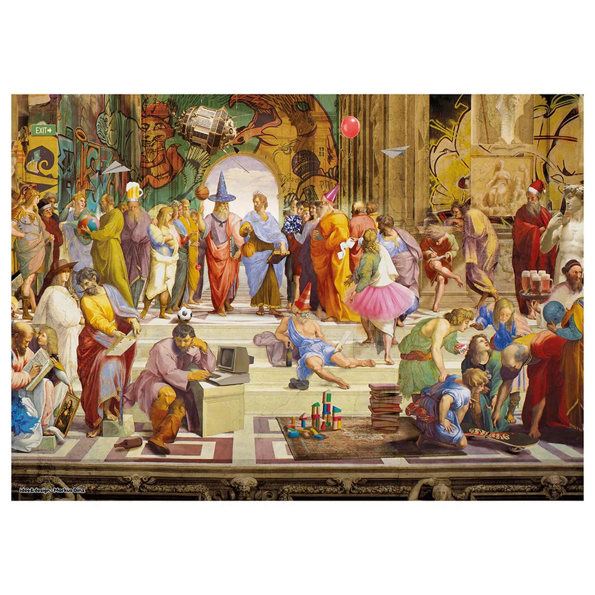 The School of Athens modern újraértelmezése Markus Binz Art & Fun stílusban, 1000 darabos Schmidt puzzle illusztráció, klasszikus filozófusok kortárs elemekkel és gazdag részletekkel.
