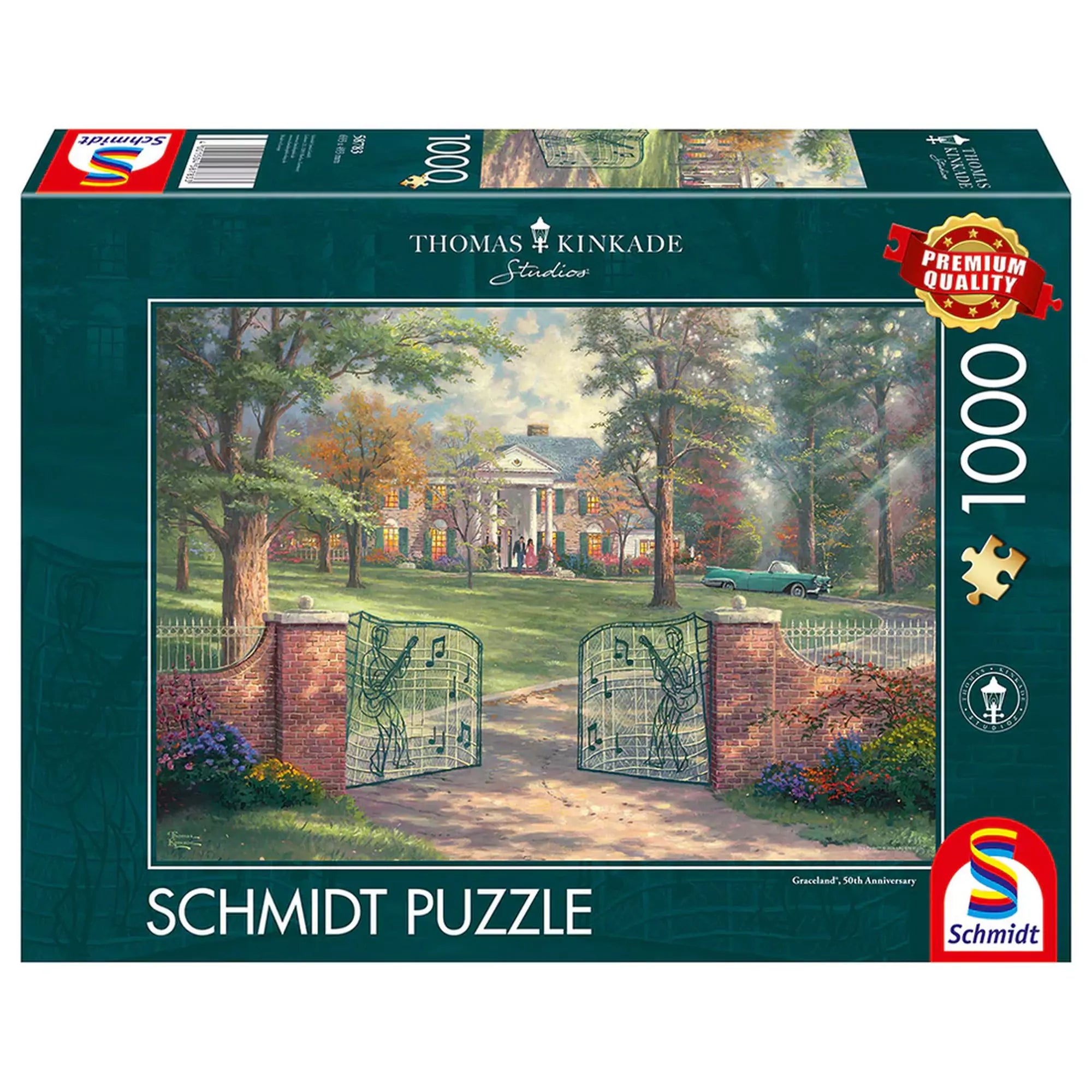 Puzzle Schmidt: Thomas Kinkade – 50 éves Graceland dobozképe, amely bemutatja a díszdobozos csomagolást és a puzzle teljes látványát.