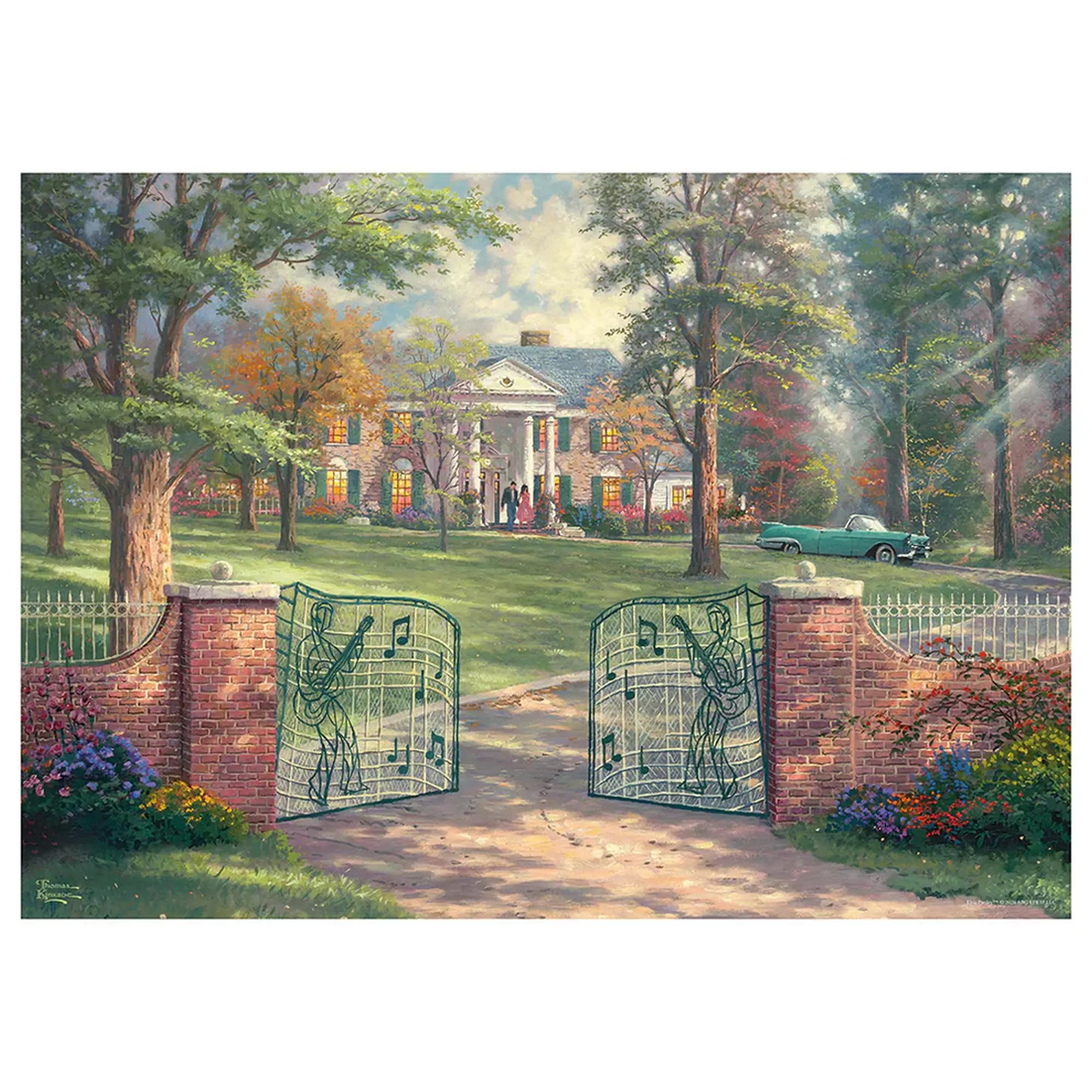 Puzzle Schmidt: Thomas Kinkade – 50 éves Graceland kirakott képe, festői kerttel és a híres Graceland házzal a háttérben.