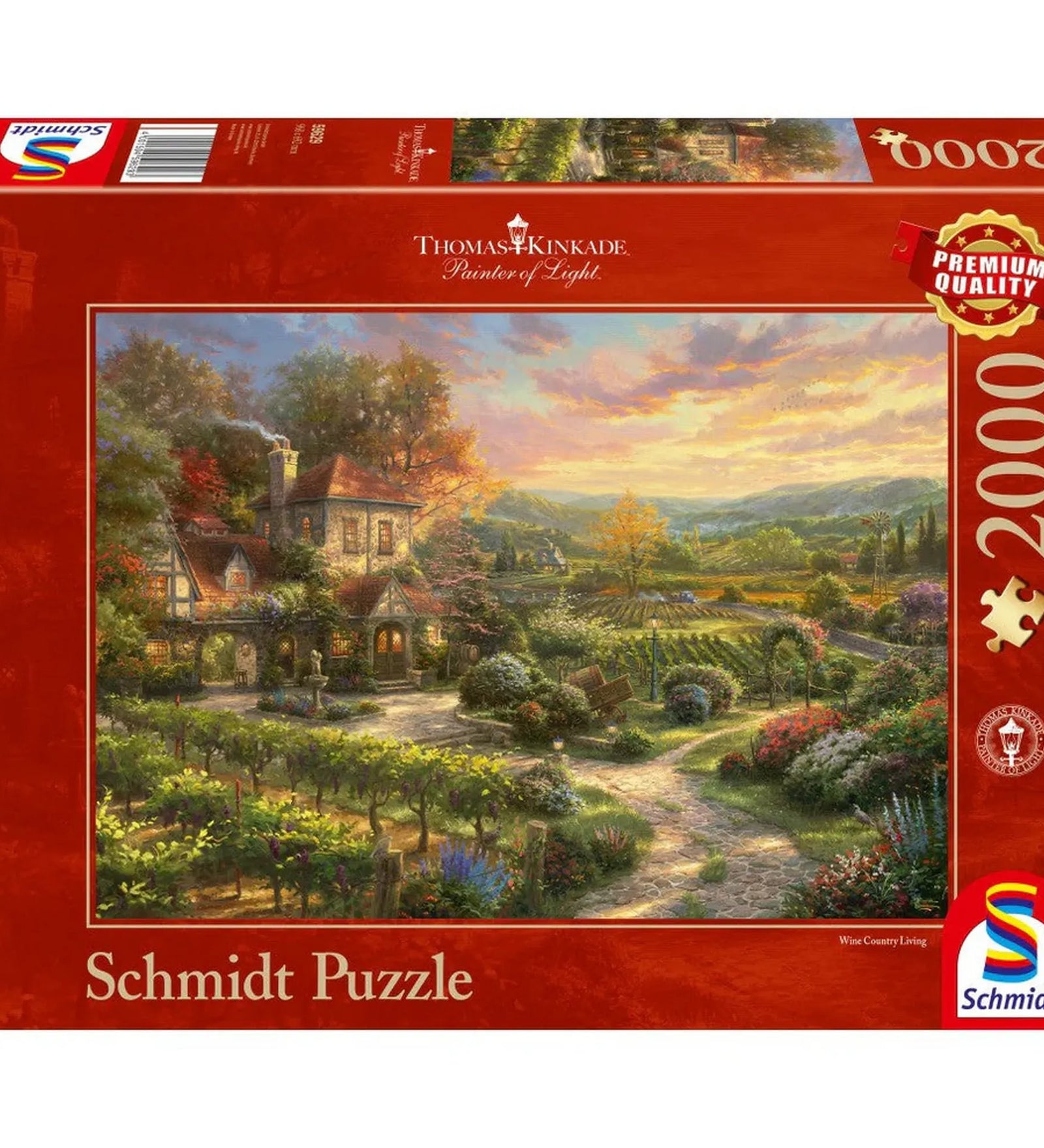 Schmidt Puzzle – Thomas Kinkade: Wine Country Living 2000 darabos kirakó doboza, rajta napfényben úszó vidéki ház és szőlőskert festménye.