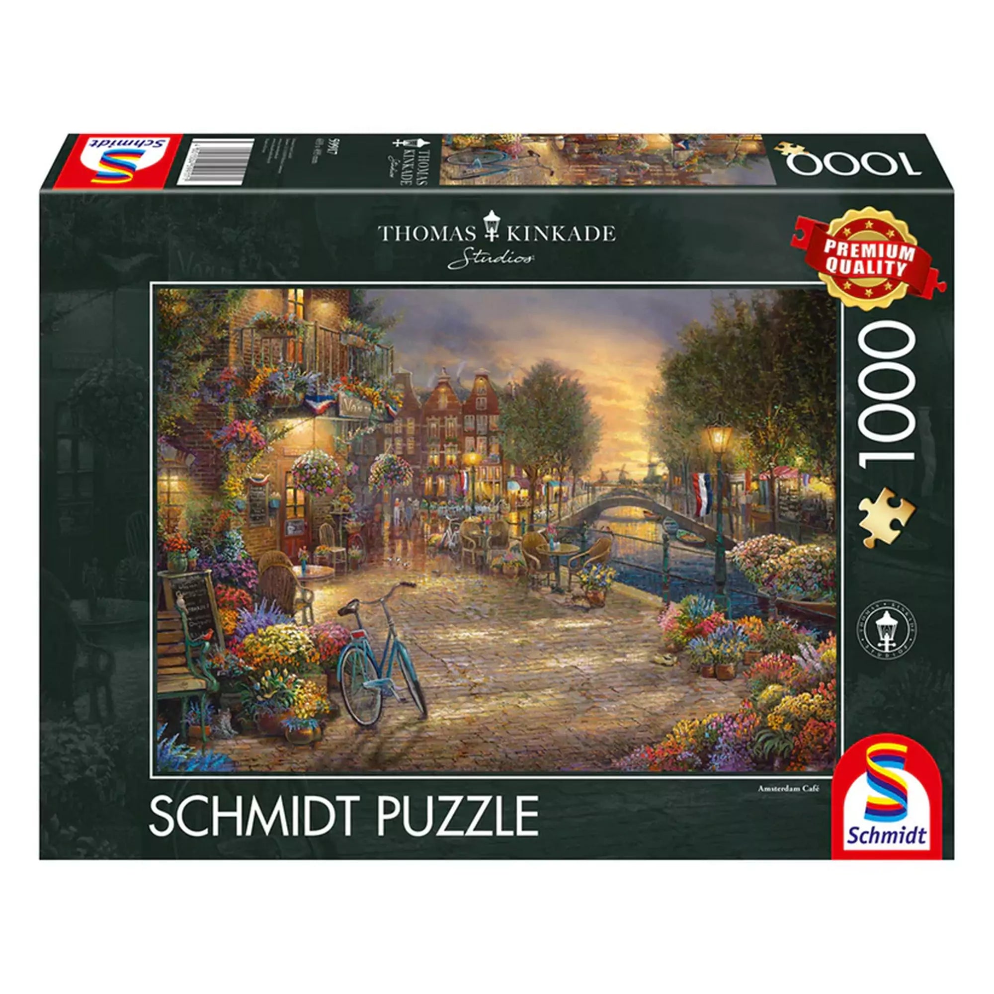 „Puzzle Schmidt: Thomas Kinkade – Amszterdam, 1000 darabos dobozos kirakó, a festmény romantikus városképet ábrázol csatornával és virágokkal.”