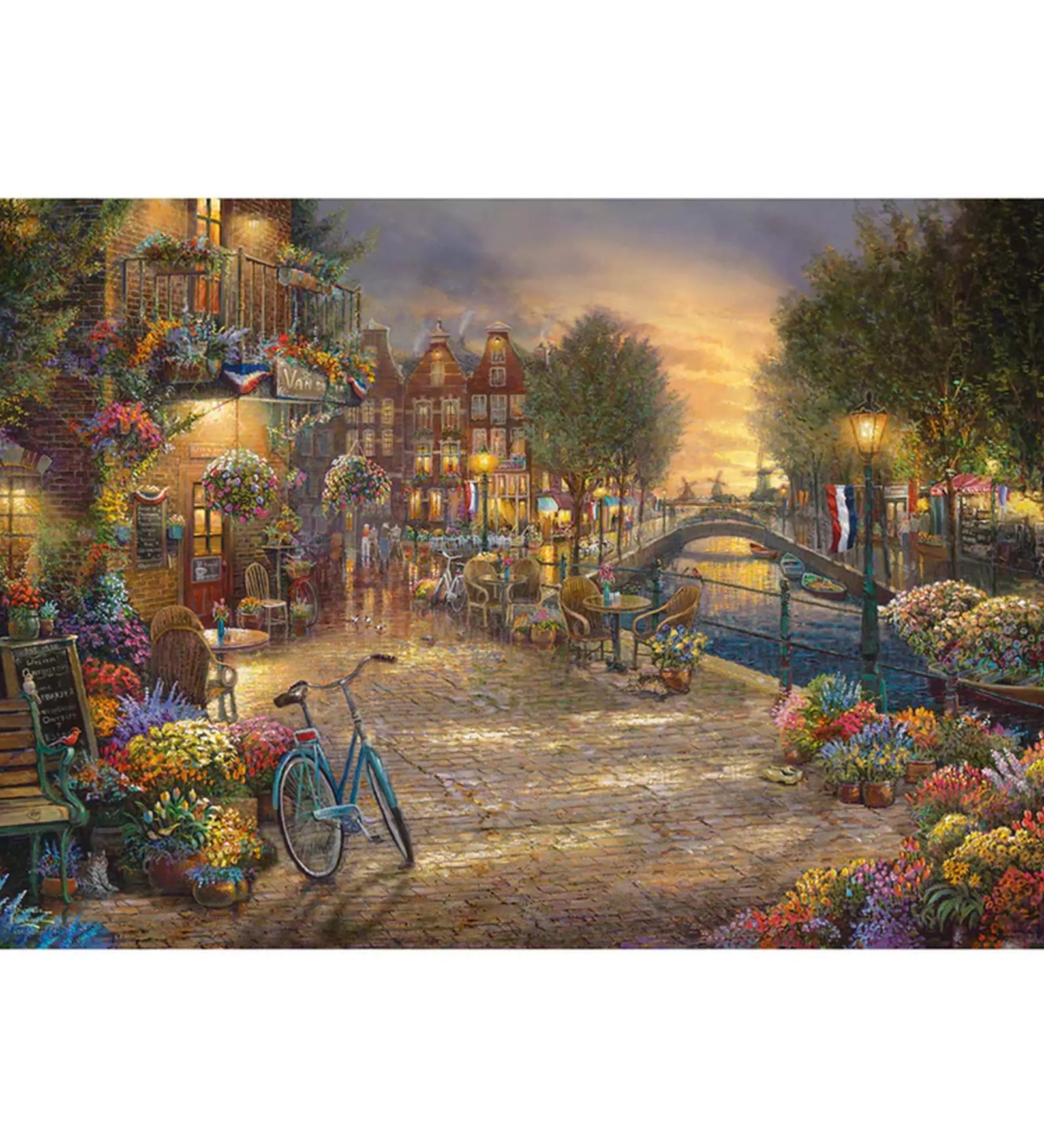 „Puzzle Schmidt: Thomas Kinkade – Amszterdam, 1000 darabos kirakó képe, részletes festmény Amszterdam csatornáiról és virágos utcáiról.”
