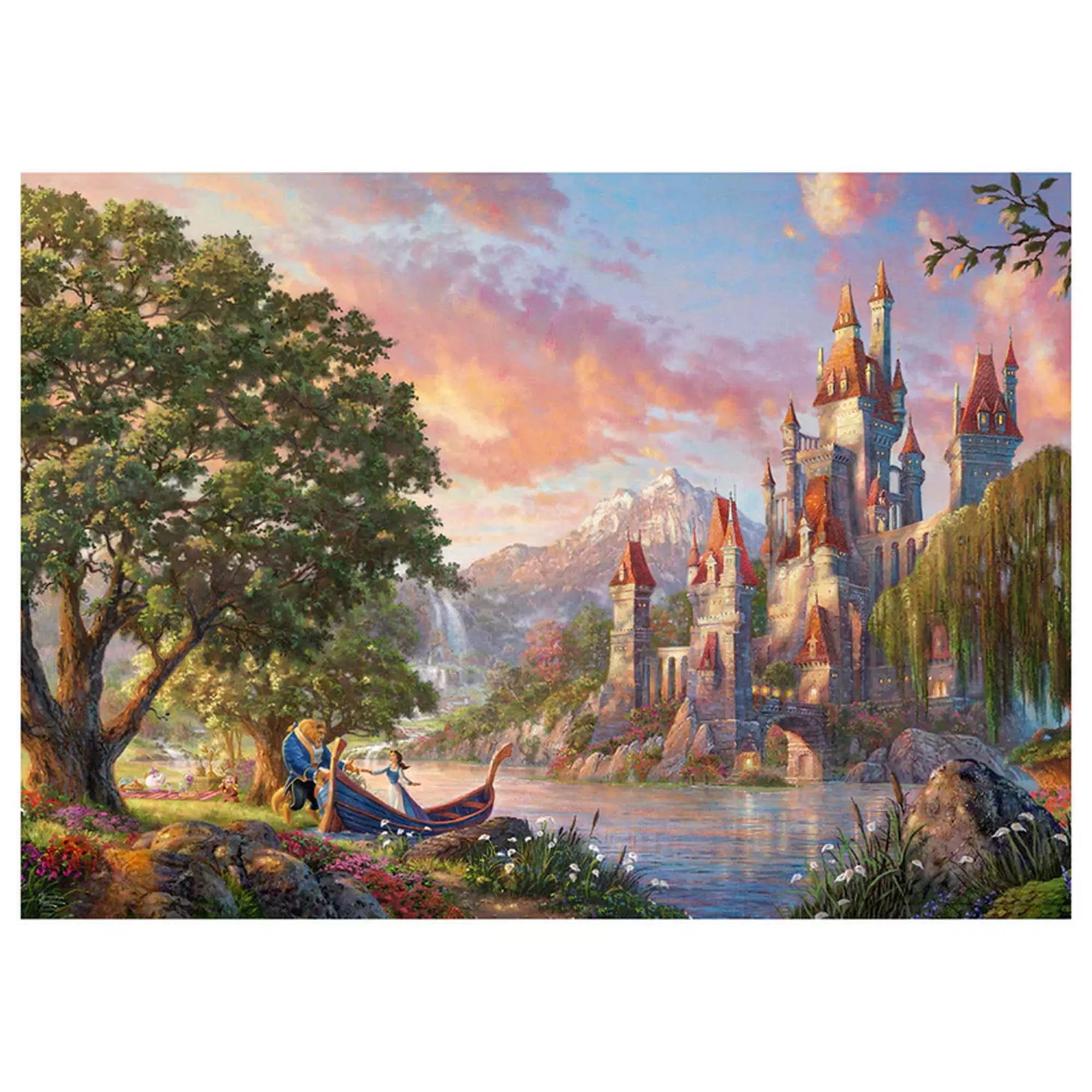 Puzzle Schmidt Thomas Kinkade, Disney Belle világa 3000 darabos kép, amely Belle és a Szörnyeteg romantikus pillanatát mutatja be egy varázslatos tájjal."