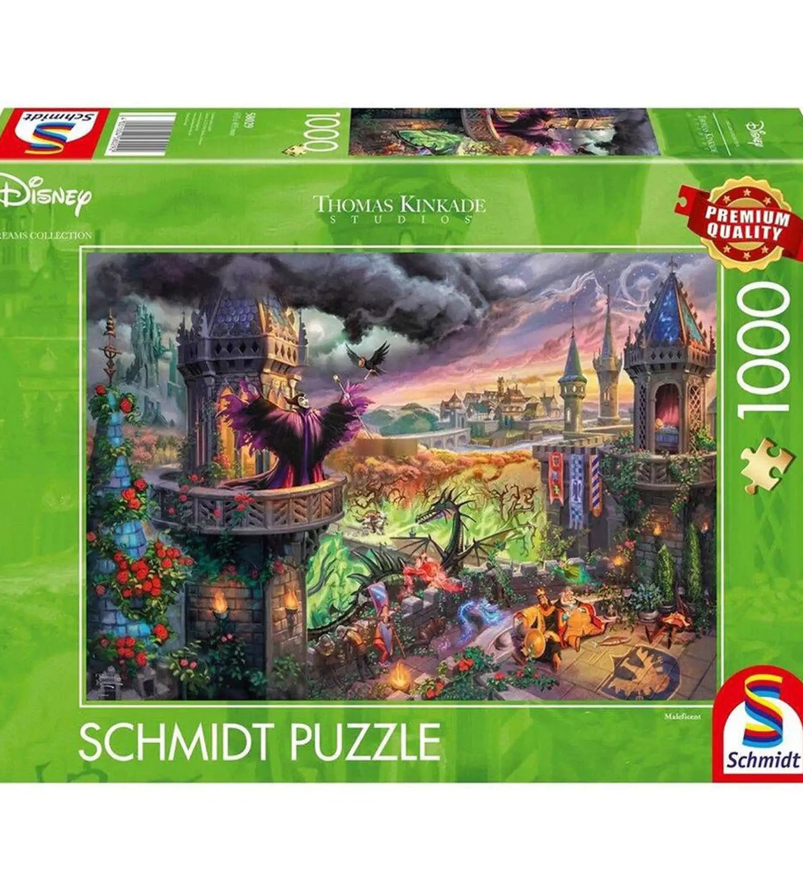 Puzzle Schmidt Disney Thomas Kinkade Studios, Maleficent – 1000 darabos prémium minőségű kirakó doboza, amely a Csipkerózsika történetének varázslatos jelenetét ábrázolja, középpontban Demónával és a kastély csatájával.