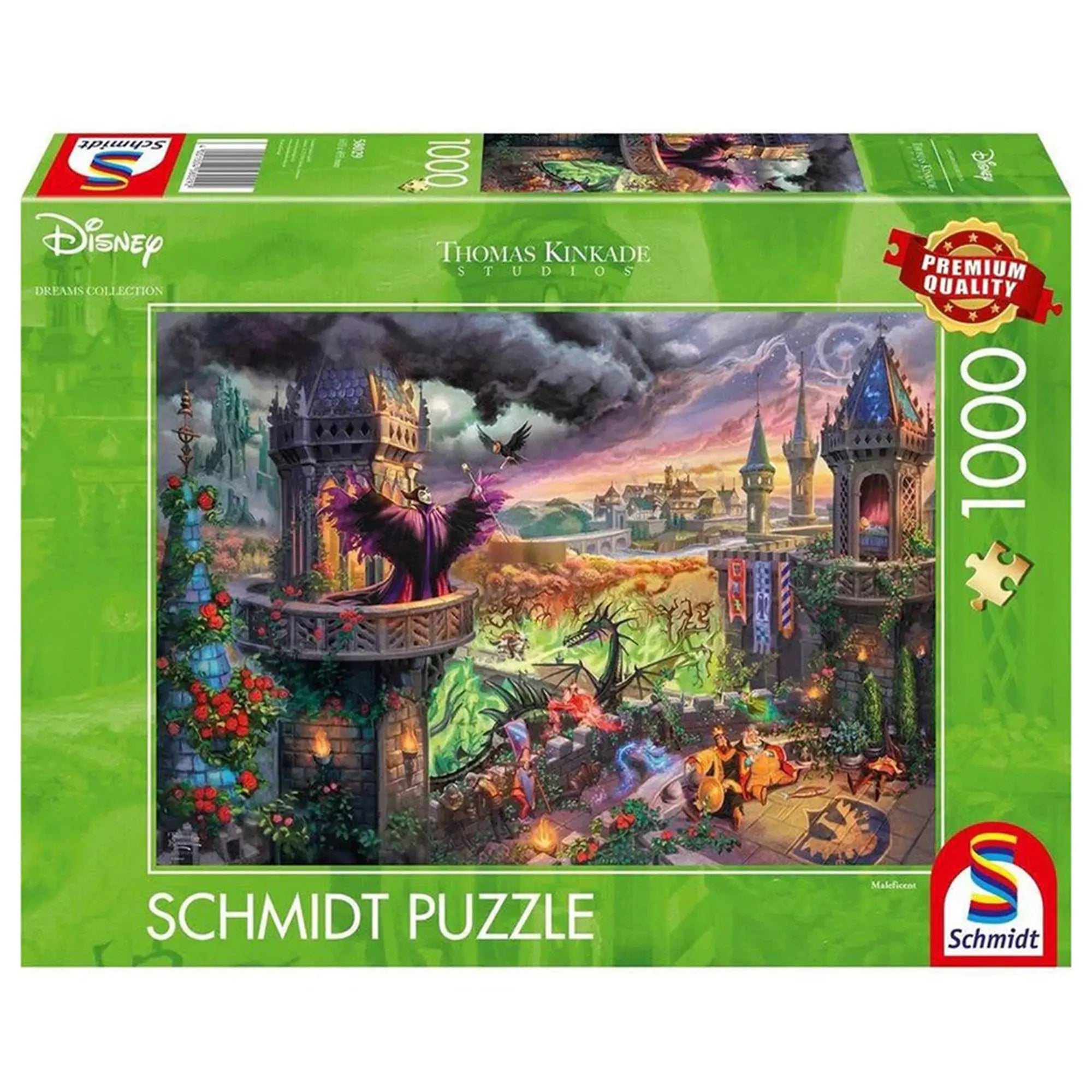 Puzzle Schmidt Disney Thomas Kinkade Studios, Maleficent – 1000 darabos prémium minőségű kirakó doboza, amely a Csipkerózsika történetének varázslatos jelenetét ábrázolja, középpontban Demónával és a kastély csatájával.