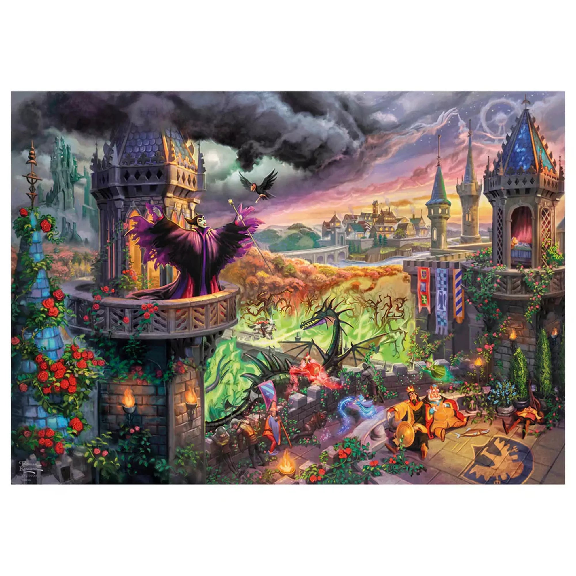 Puzzle Schmidt Disney Thomas Kinkade Studios, Maleficent – részletgazdag, festői ábrázolás a híres Disney-mese csúcspontjáról, ahol Demóna gonosz varázslatot szór, miközben Sárkány alakjában harcol a bátor lovagokkal a kastély udvarán.