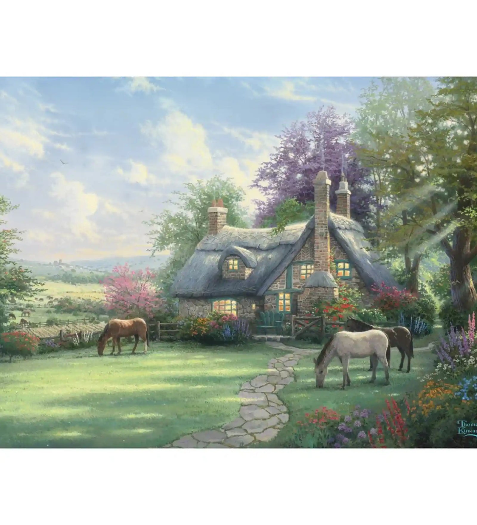 Puzzle Schmidt: Thomas Kinkade, Egy tökéletes nyári nap, 500 darabos kirakó képe, hangulatos vidéki kunyhóval, napsütötte kerttel, virágágyásokkal és békésen legelésző lovakkal a nyári tájban.