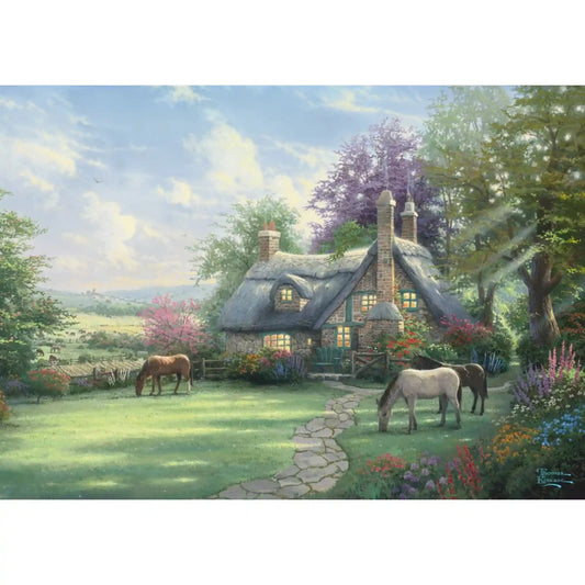 Puzzle Schmidt: Thomas Kinkade, Egy tökéletes nyári nap, 500 darabos kirakó képe, hangulatos vidéki kunyhóval, napsütötte kerttel, virágágyásokkal és békésen legelésző lovakkal a nyári tájban.