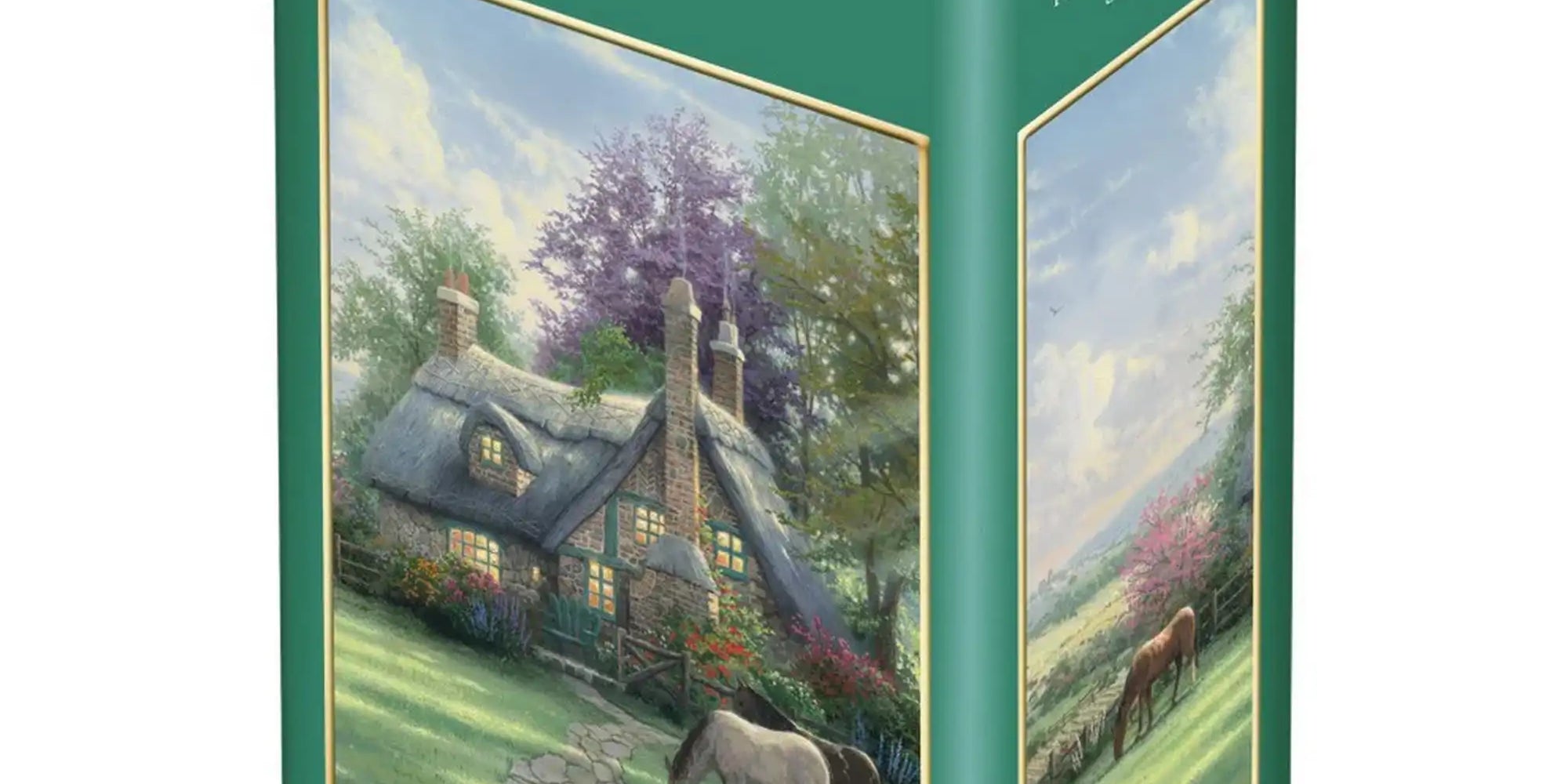 Puzzle Schmidt: Thomas Kinkade, Egy tökéletes nyári nap, 500 darabos puzzle fémdoboza, amely a festői vidéki házat, virágos kertet és legelésző lovakat ábrázoló Thomas Kinkade grafikával díszített.