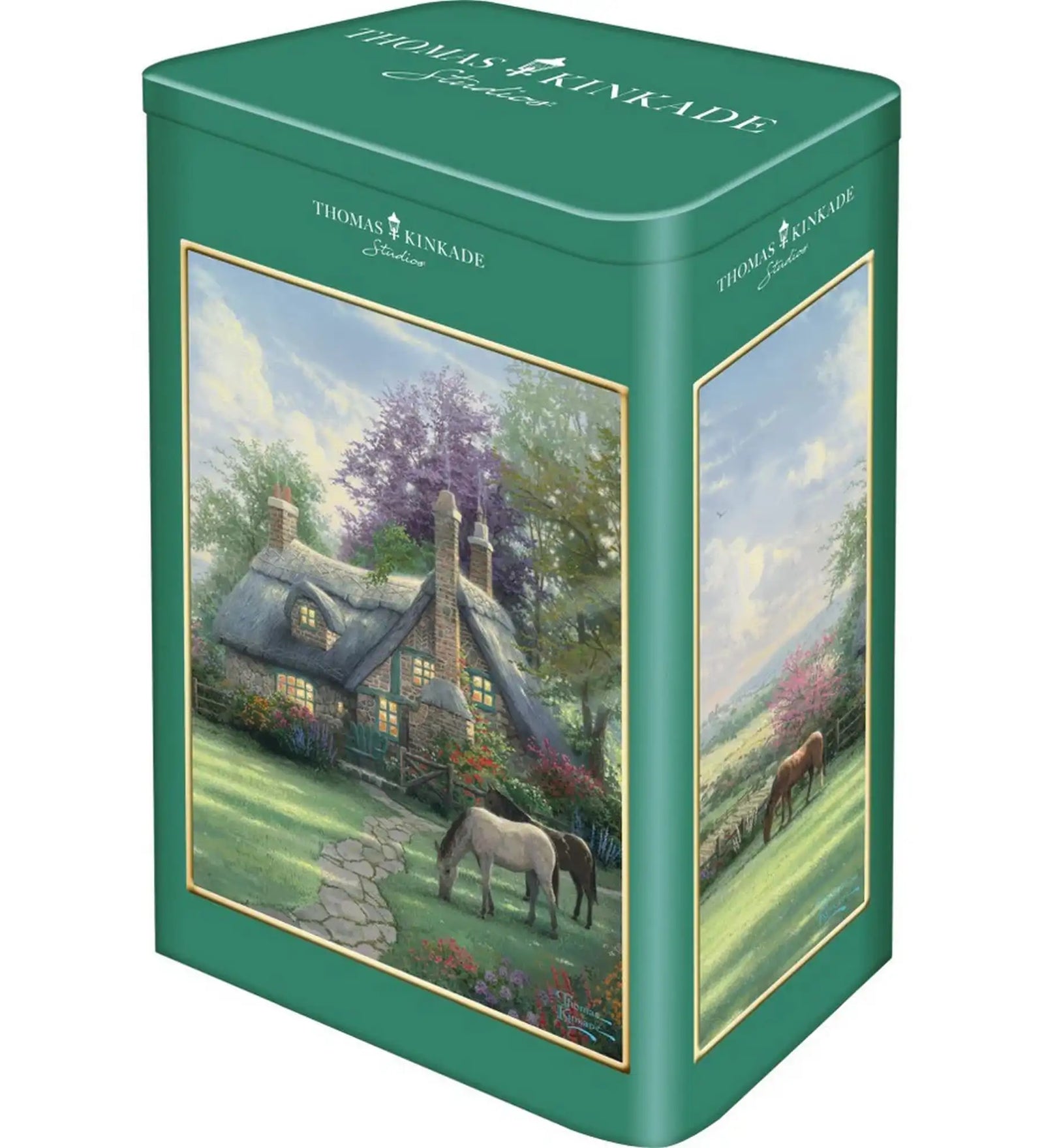 Puzzle Schmidt: Thomas Kinkade, Egy tökéletes nyári nap, 500 darabos puzzle fémdoboza, amely a festői vidéki házat, virágos kertet és legelésző lovakat ábrázoló Thomas Kinkade grafikával díszített.