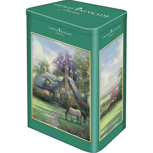 Puzzle Schmidt: Thomas Kinkade, Egy tökéletes nyári nap, 500 darabos puzzle fémdoboza, amely a festői vidéki házat, virágos kertet és legelésző lovakat ábrázoló Thomas Kinkade grafikával díszített.