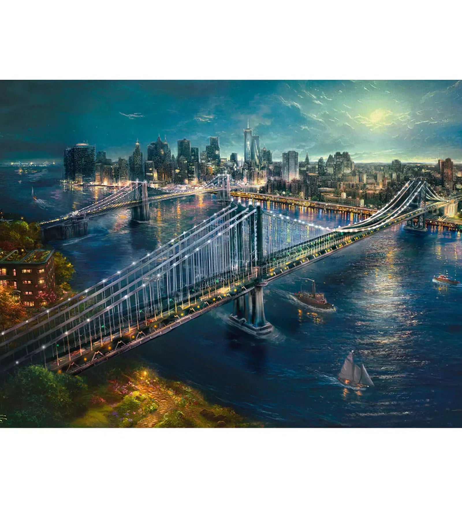 A Puzzle Schmidt Thomas Kinkade Holdfény Manhattan felett kirakott képe, éjszakai városkép híddal és fényárban úszó Manhattan látképével.
