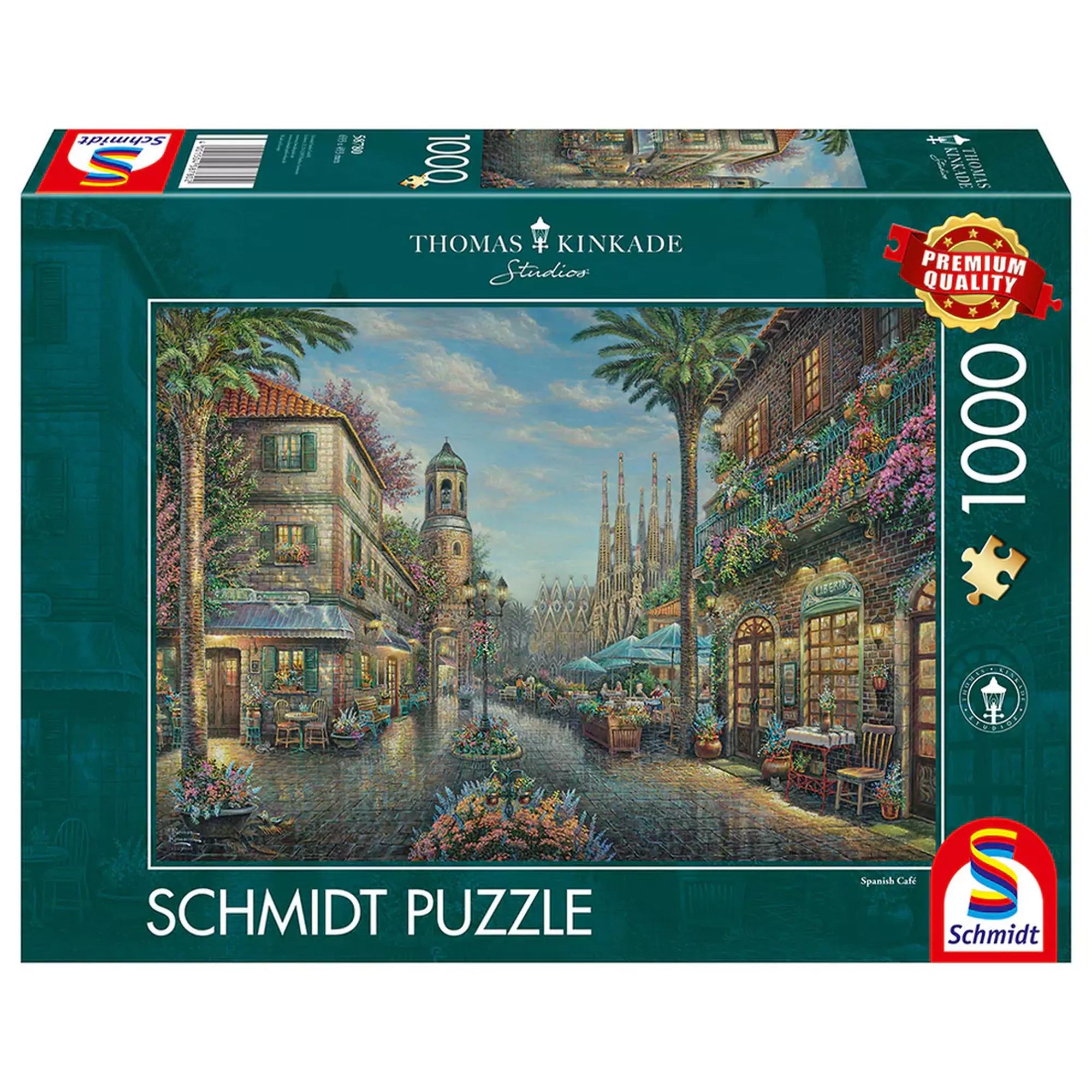 „Puzzle Schmidt: Thomas Kinkade – Spanyol kávézó – 1000 darabos puzzle doboza, amely egy festői mediterrán utcarészletet ábrázol.”