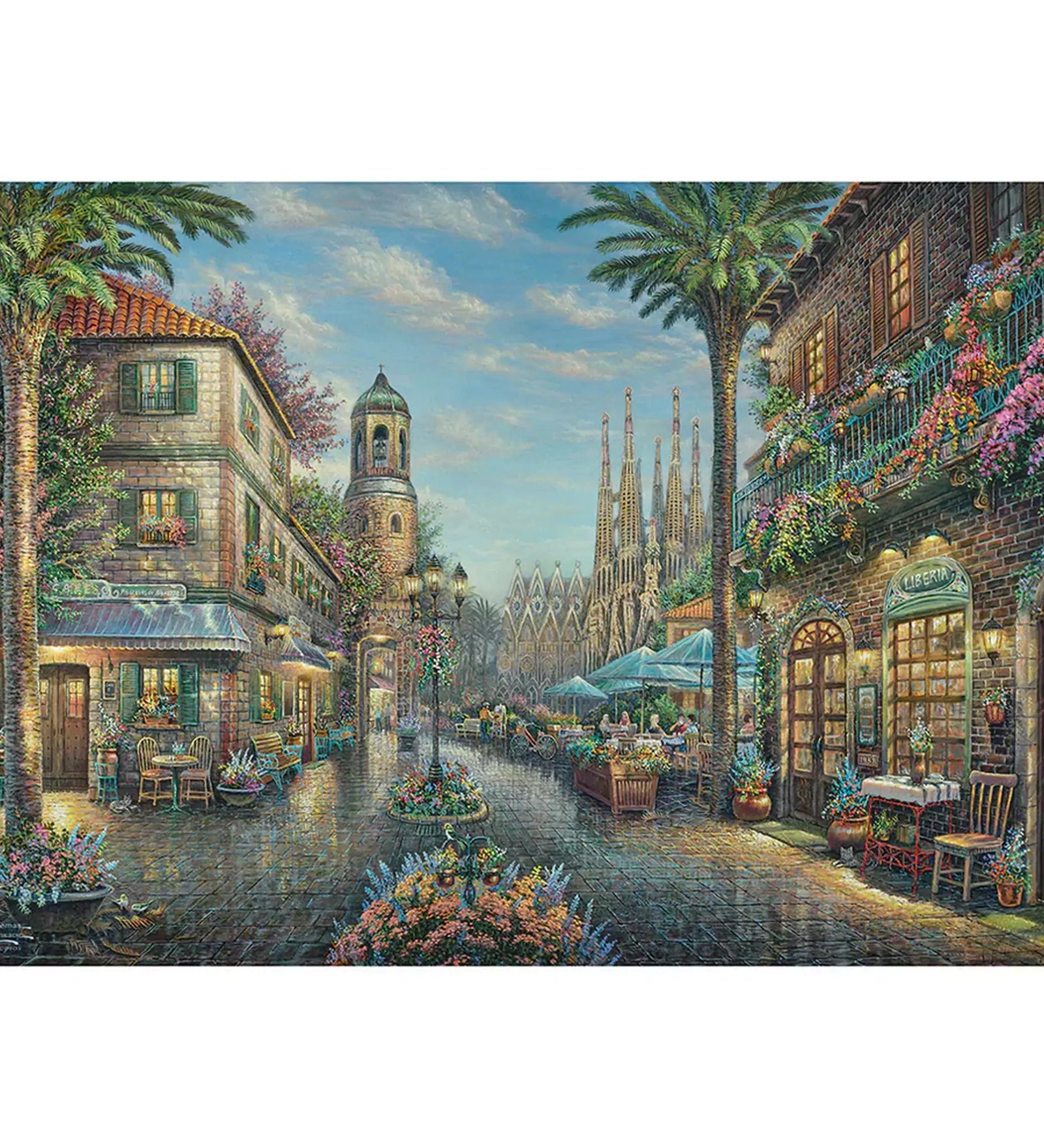 Puzzle Schmidt: Thomas Kinkade – Spanyol kávézó – gyönyörű mediterrán városrészlet éttermekkel, virágokkal és a háttérben a Sagrada Famíliával.