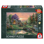 Schmidt Puzzle 1000 db – Thomas Kinkade Szerelmesek kuckója doboz, romantikus erdei házikó festménnyel.