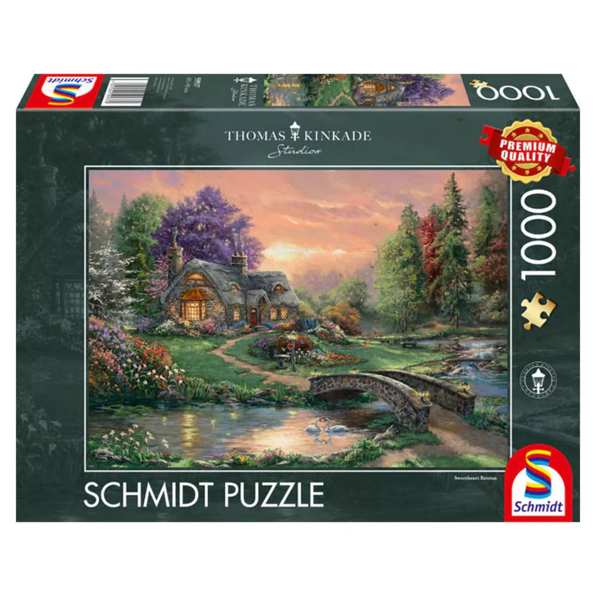 Schmidt Puzzle 1000 db – Thomas Kinkade Szerelmesek kuckója doboz, romantikus erdei házikó festménnyel.