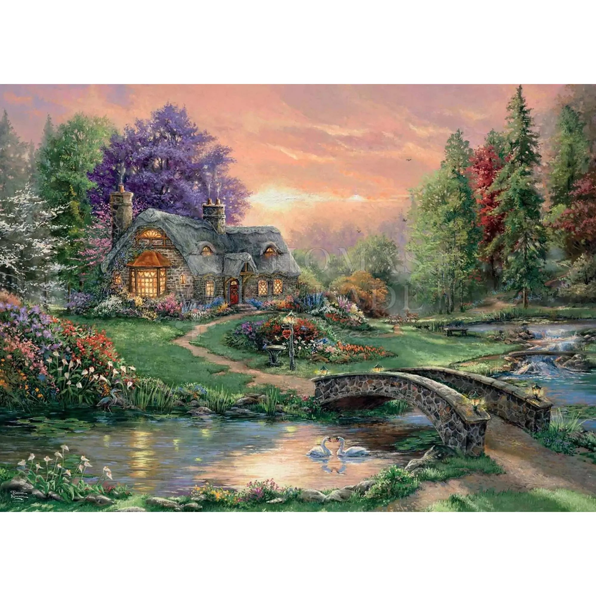 Schmidt Puzzle – Thomas Kinkade Szerelmesek kuckója, festői táj házikóval, virágokkal, kőhíddal és hattyúkkal a tóban.