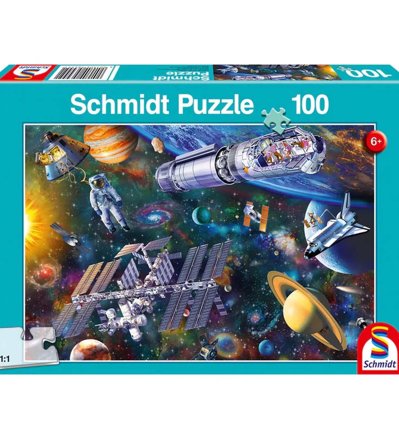 Schmidt Puzzle Space Fun, 100 darabos dobozkép - Színes bolygók, űrhajók és csillagászati elemek egy szórakoztató puzzle-ben.