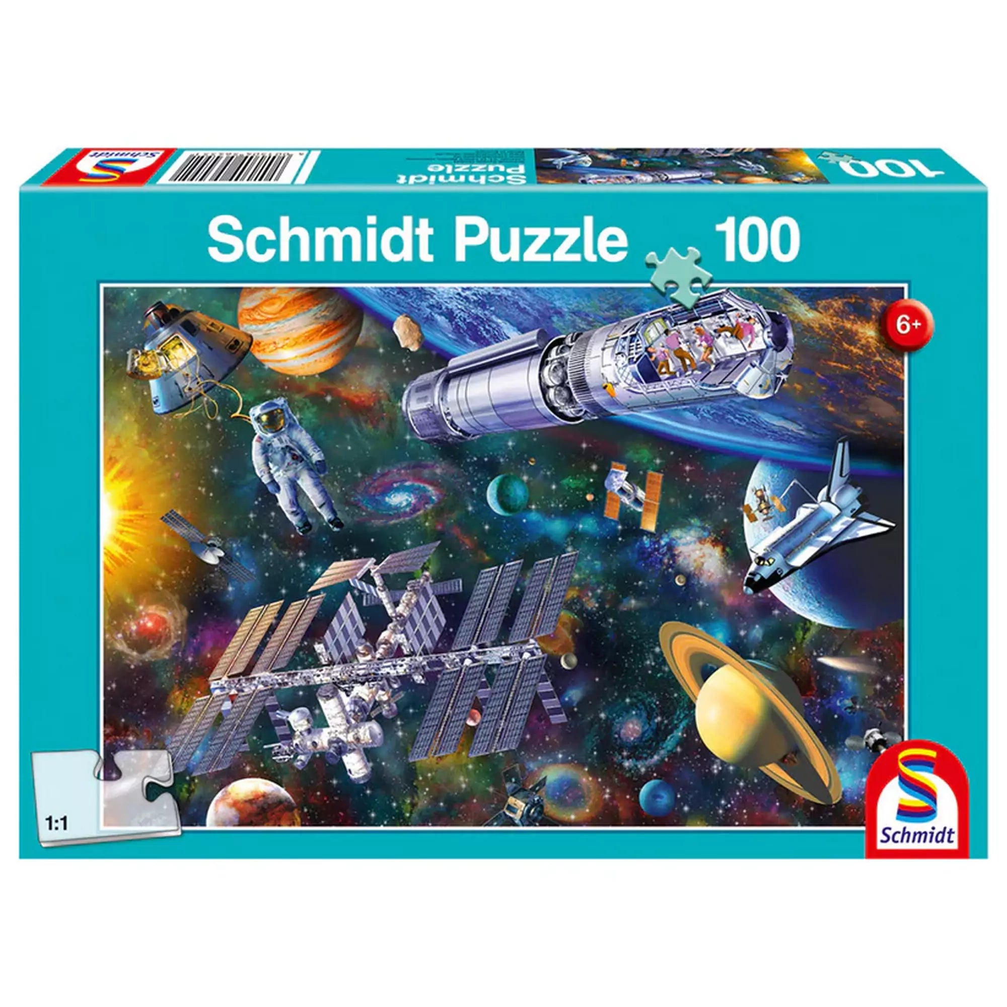 Schmidt Puzzle Space Fun, 100 darabos dobozkép - Színes bolygók, űrhajók és csillagászati elemek egy szórakoztató puzzle-ben.