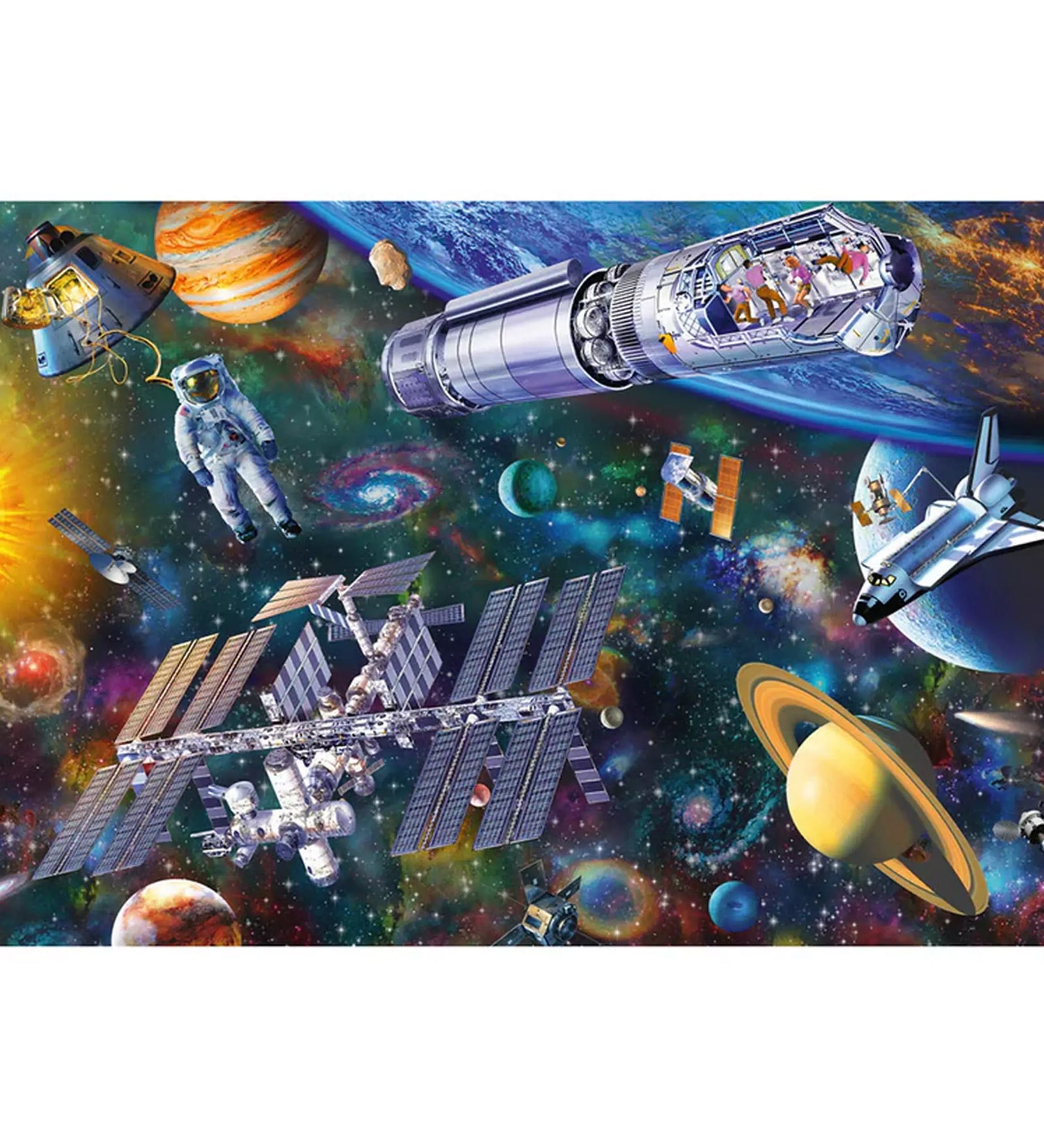 Schmidt Puzzle Space Fun, 100 darabos kirakott kép - Bolygók, űrhajók és az űrállomás részletes és élénk ábrázolása.