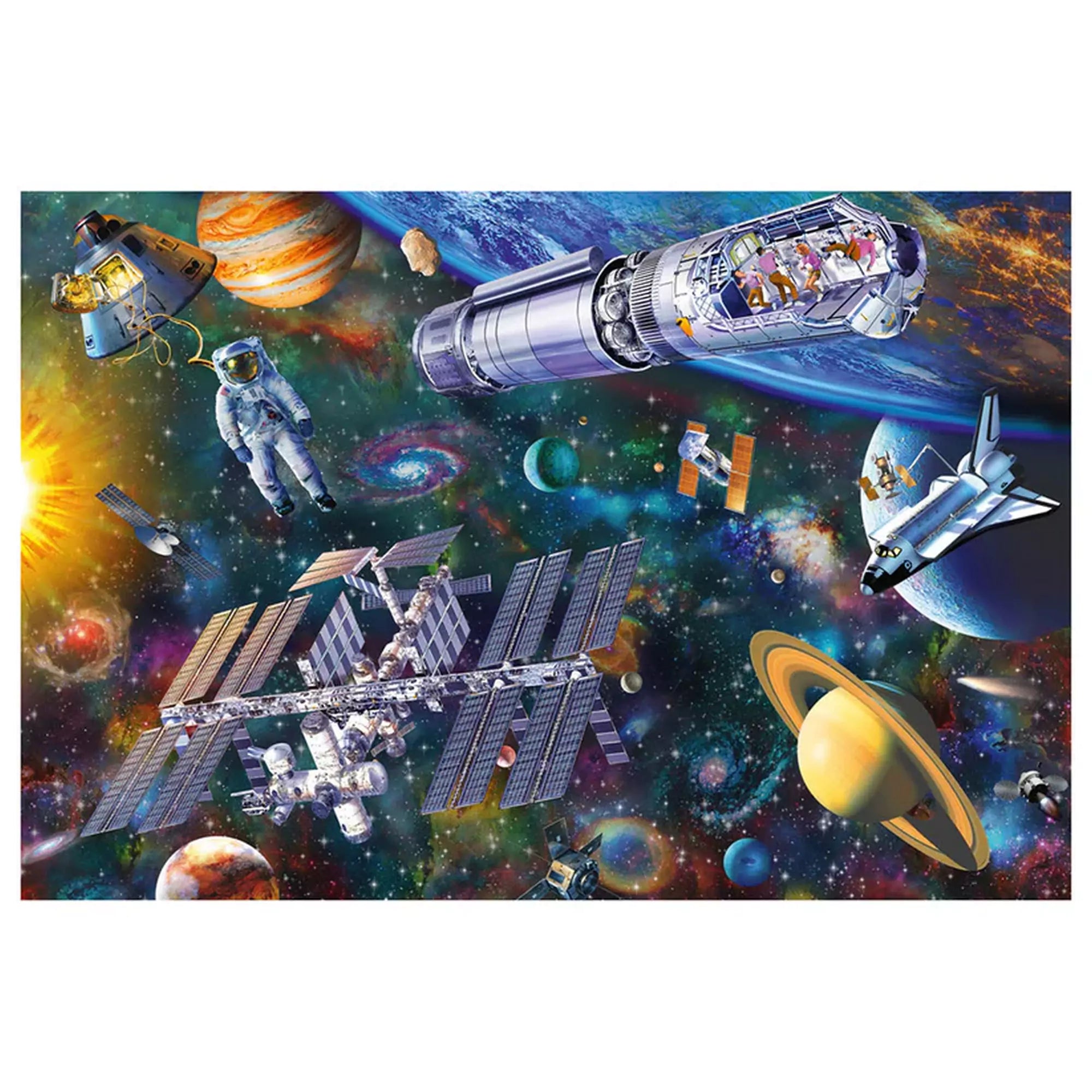 Schmidt Puzzle Space Fun, 100 darabos kirakott kép - Bolygók, űrhajók és az űrállomás részletes és élénk ábrázolása.