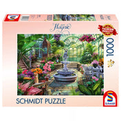 Schmidt Puzzle 1000 darabos kirakó dobozképe Jeff Haynie illusztrációval, amely egy üvegházban kialakított, buja botanikus kertet ábrázol központi szökőkúttal, virágokkal, pálmákkal, kerti bútorokkal és dekoratív részletekkel.