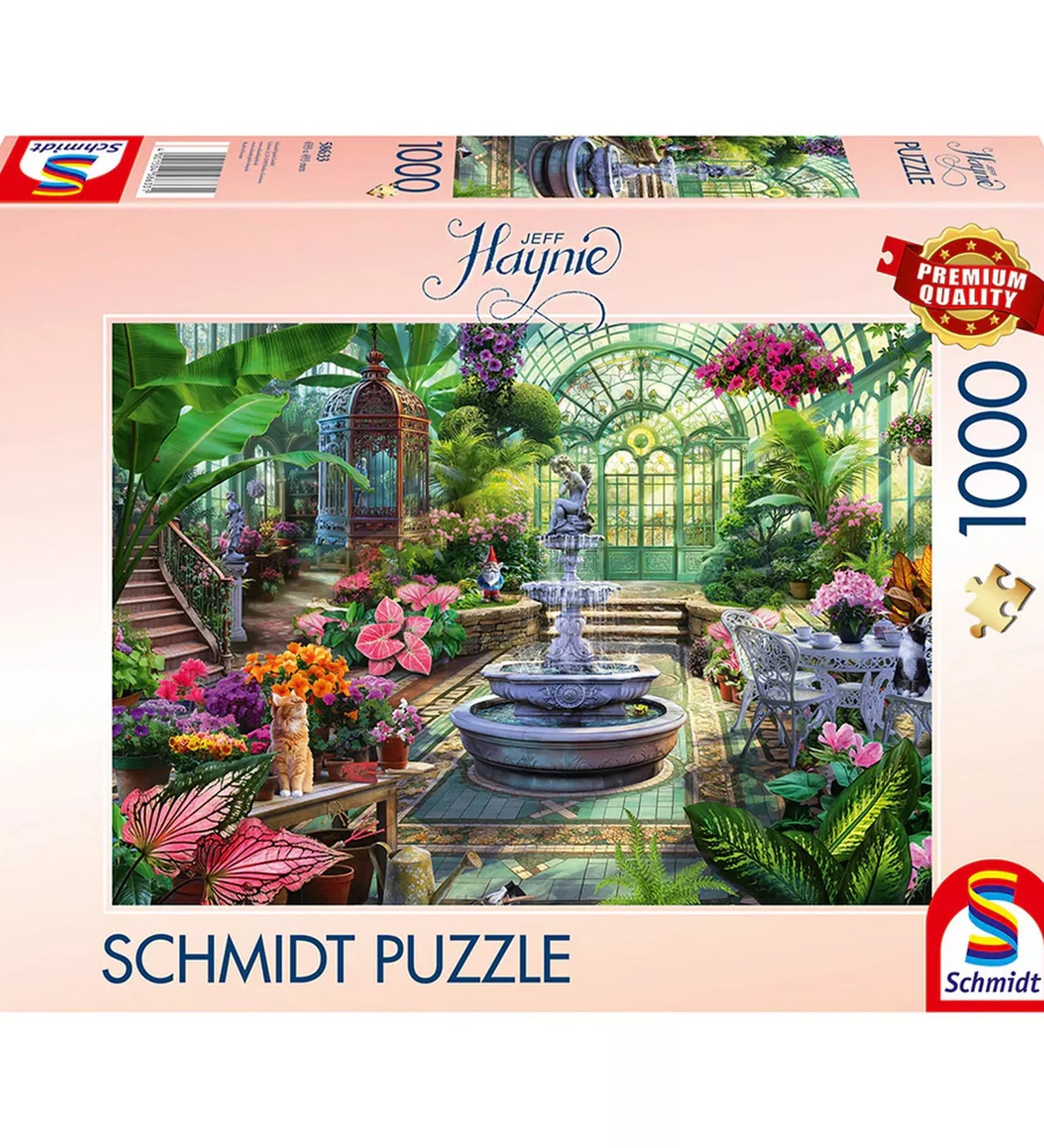 Schmidt Puzzle 1000 darabos kirakó dobozképe Jeff Haynie illusztrációval, amely egy üvegházban kialakított, buja botanikus kertet ábrázol központi szökőkúttal, virágokkal, pálmákkal, kerti bútorokkal és dekoratív részletekkel.