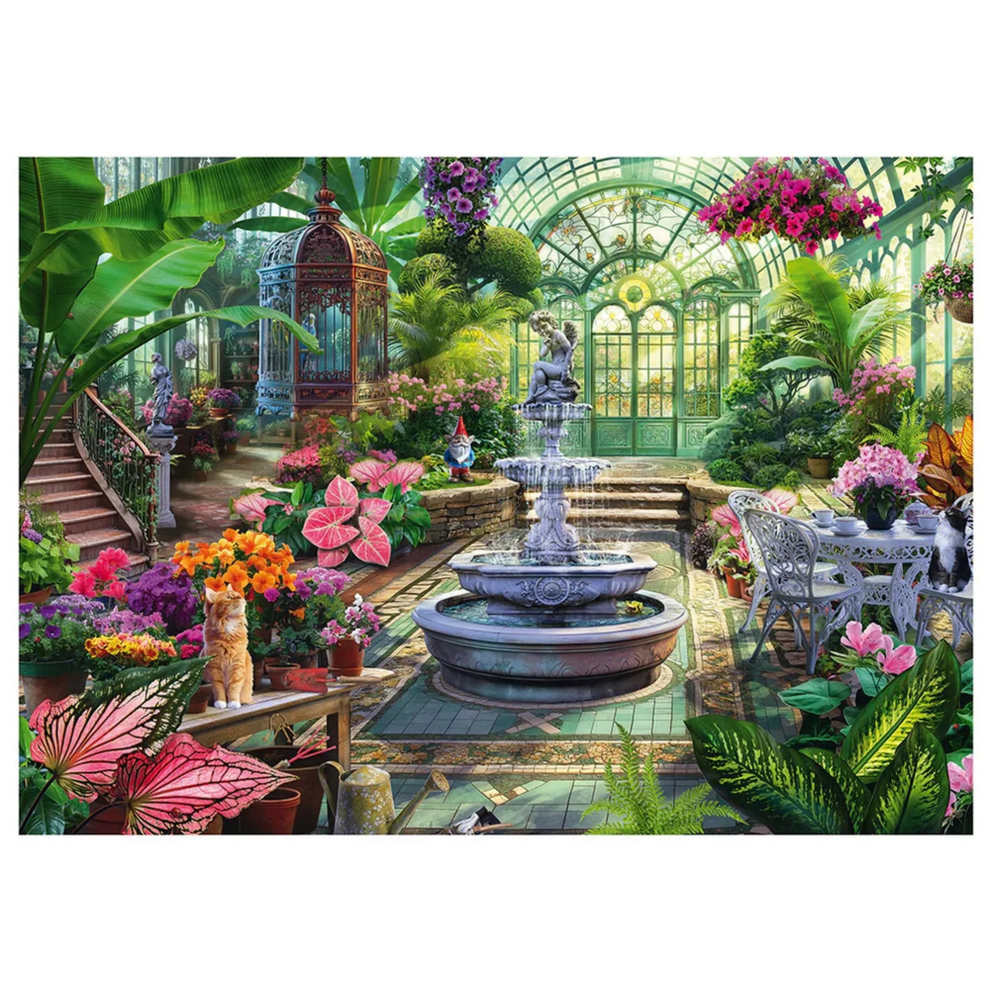 Színes, részletgazdag illusztráció egy fényárban úszó üvegház belső teréről, középen díszes szökőkúttal, körülötte egzotikus növényekkel, virágokkal, kerti asztallal, székekkel, szobrokkal és nyugodt, természetközeli hangulattal.