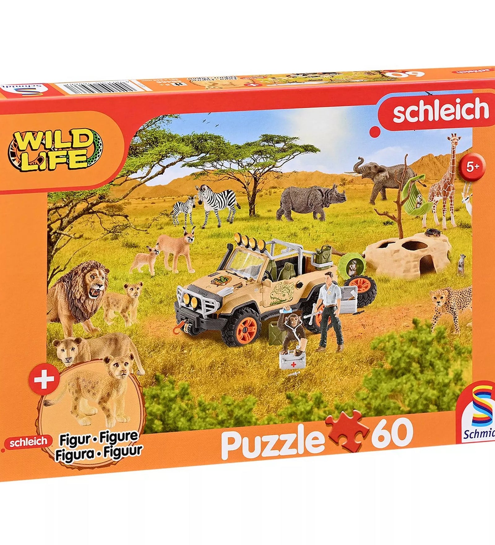 Schleich Wild Life 60 darabos puzzle doboza, amely afrikai szavannai jelenetet ábrázol oroszlánokkal, zebrákkal, elefánttal, zsiráffal, terepjáróval és állatgondozó figurával, 5 éves kortól ajánlva.