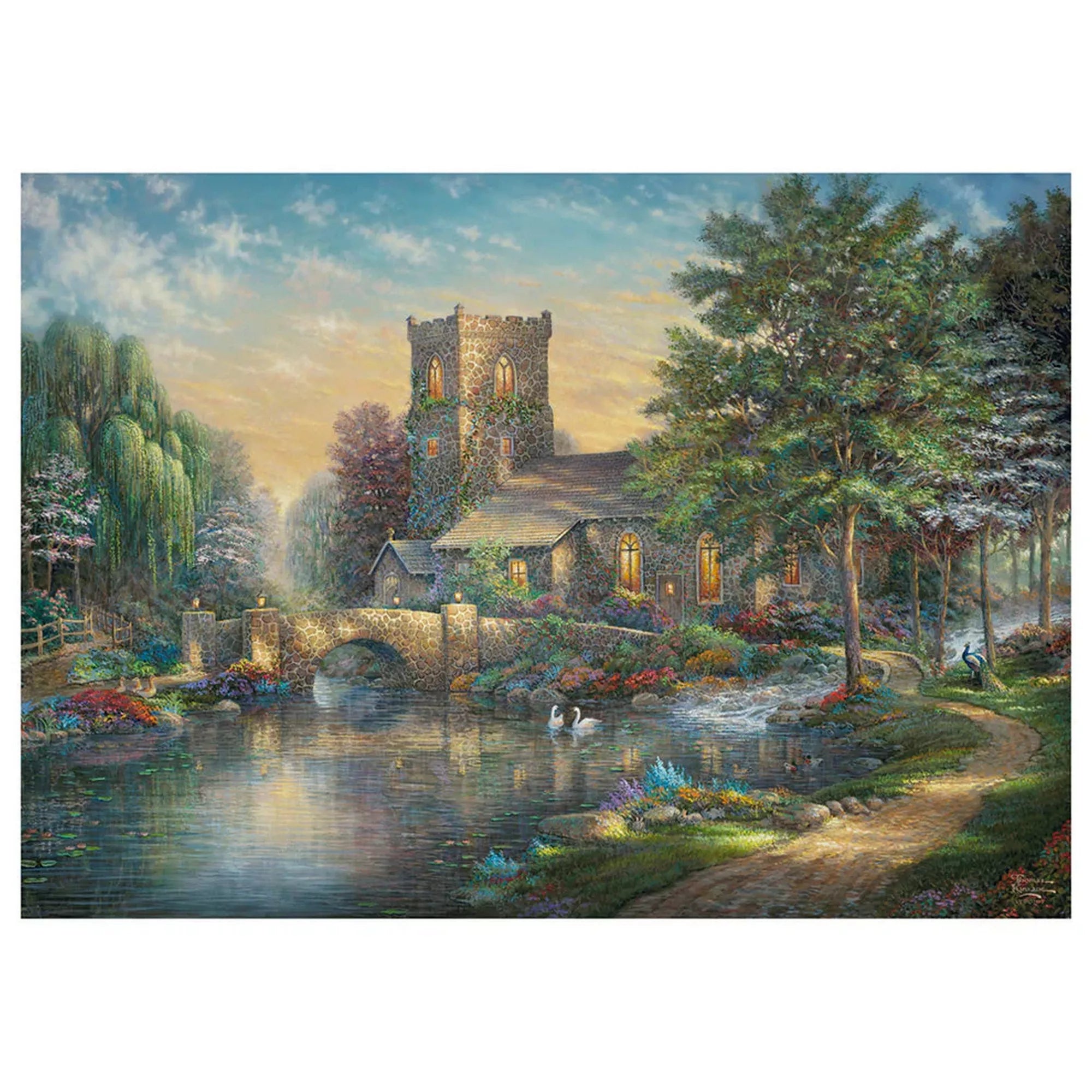 „Thomas Kinkade festménye: kőkápolna és kőhíd egy tóparti, naplementés tájban, színes növényzettel és két úszó hattyúval.”