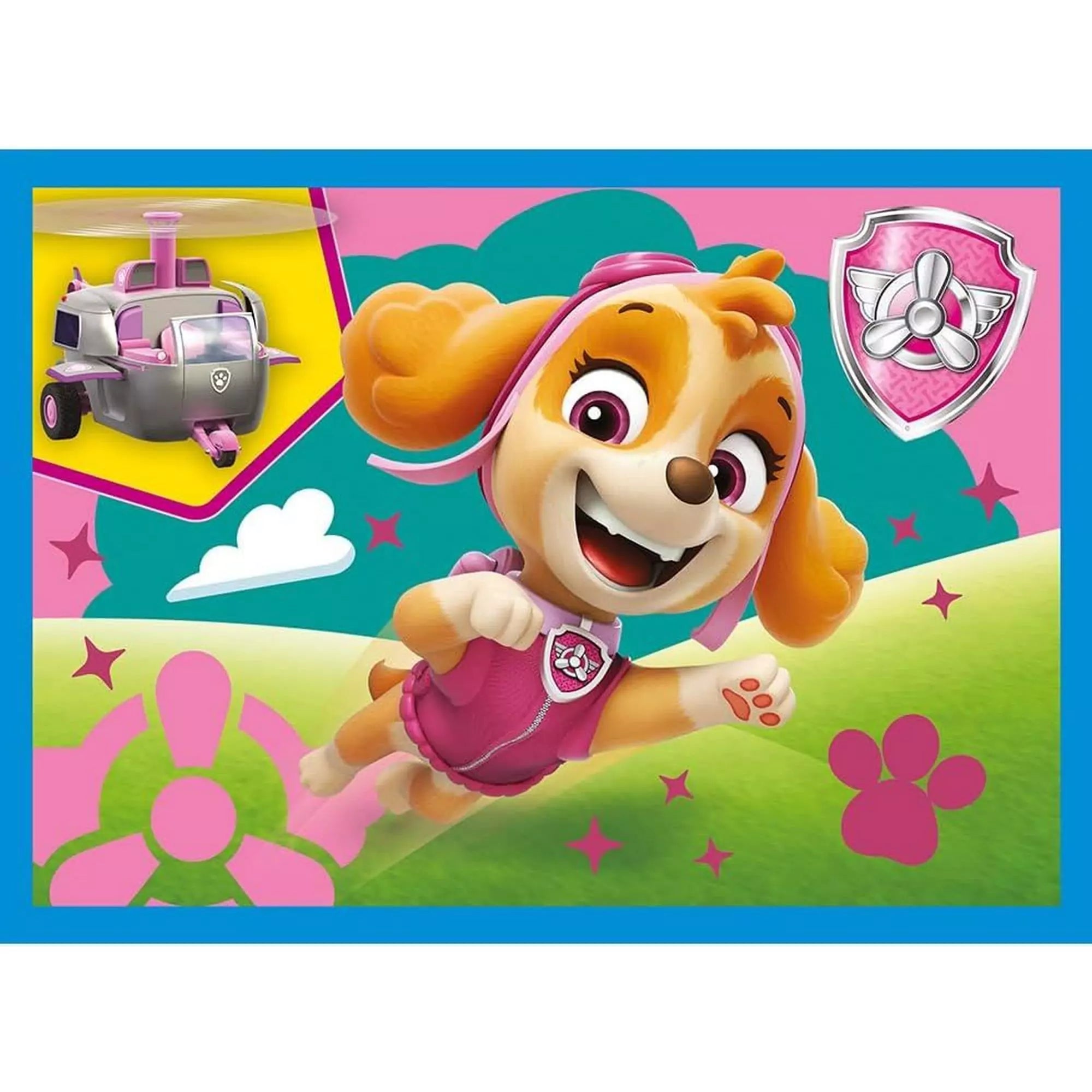 Skye a Trefl Puzzle-ban: A Paw Patrol puzzle egyik darabja, amely Skye-t ábrázolja, repülésre készen a saját helikopterével.