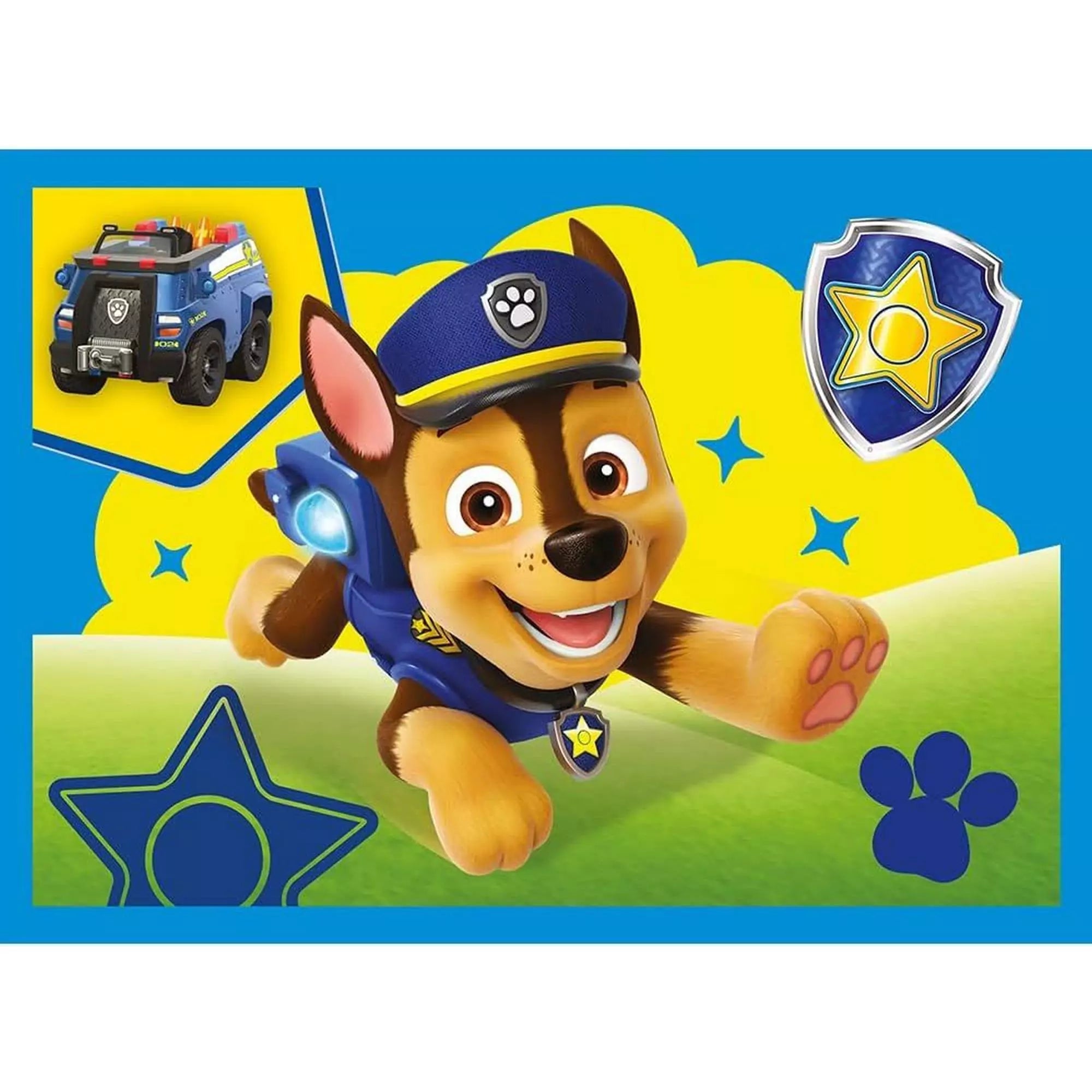 Chase a Trefl Puzzle-ban: A Paw Patrol puzzle negyedik darabja, amely Chase-t mutatja, amint a rendőrségi autójával száguld a mentéshez.