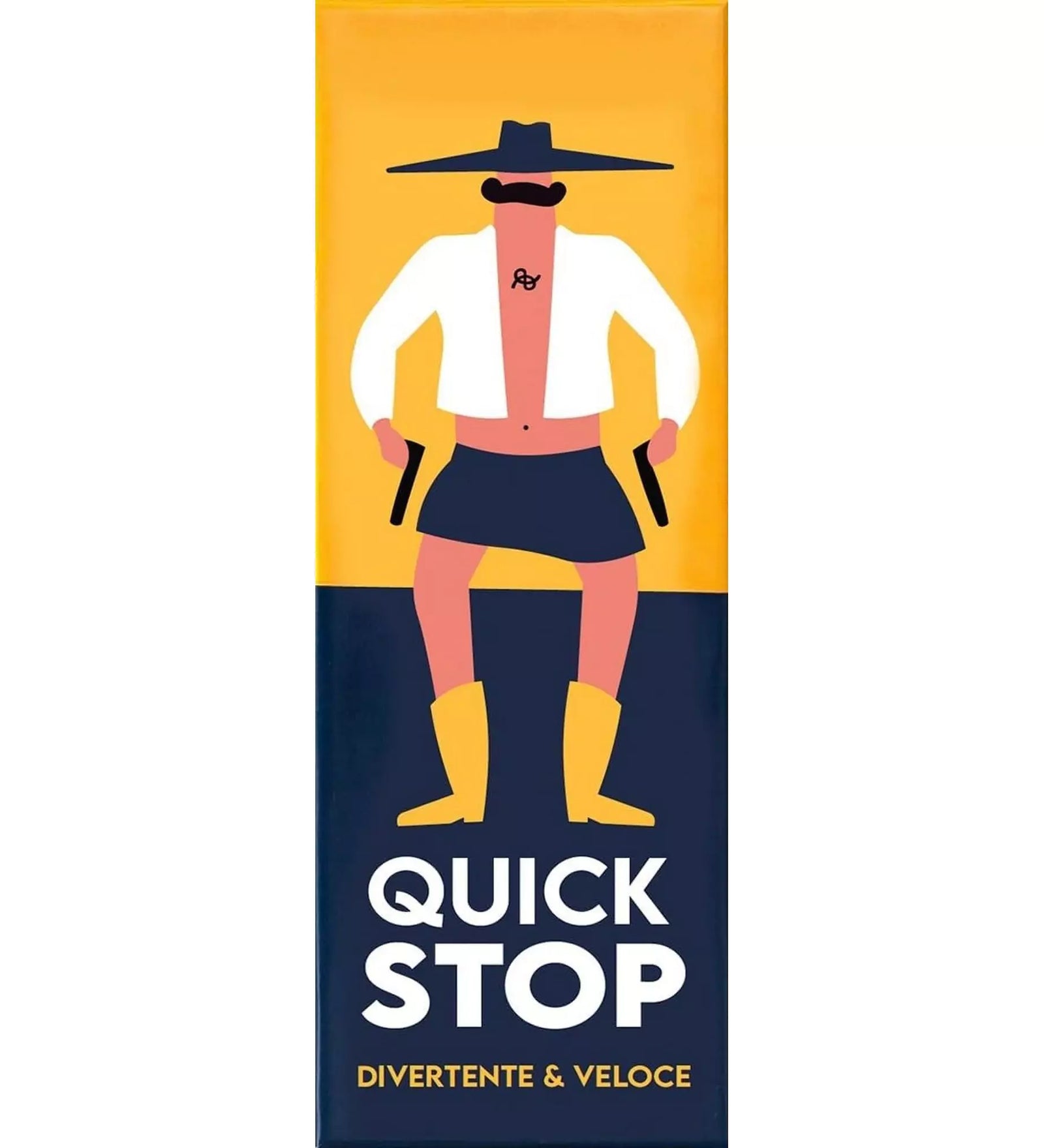 „A Quick Stop társasjáték doboza, amelyen egy stilizált, kalapos, bajuszos figura látható sárga háttér előtt, western párbaj hangulatot idézve.”