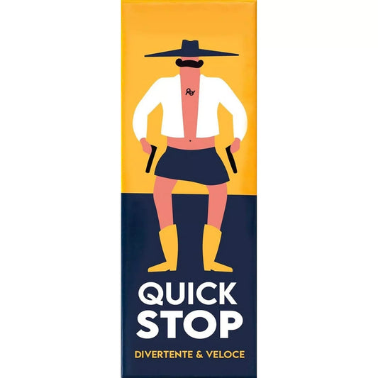 „A Quick Stop társasjáték doboza, amelyen egy stilizált, kalapos, bajuszos figura látható sárga háttér előtt, western párbaj hangulatot idézve.”