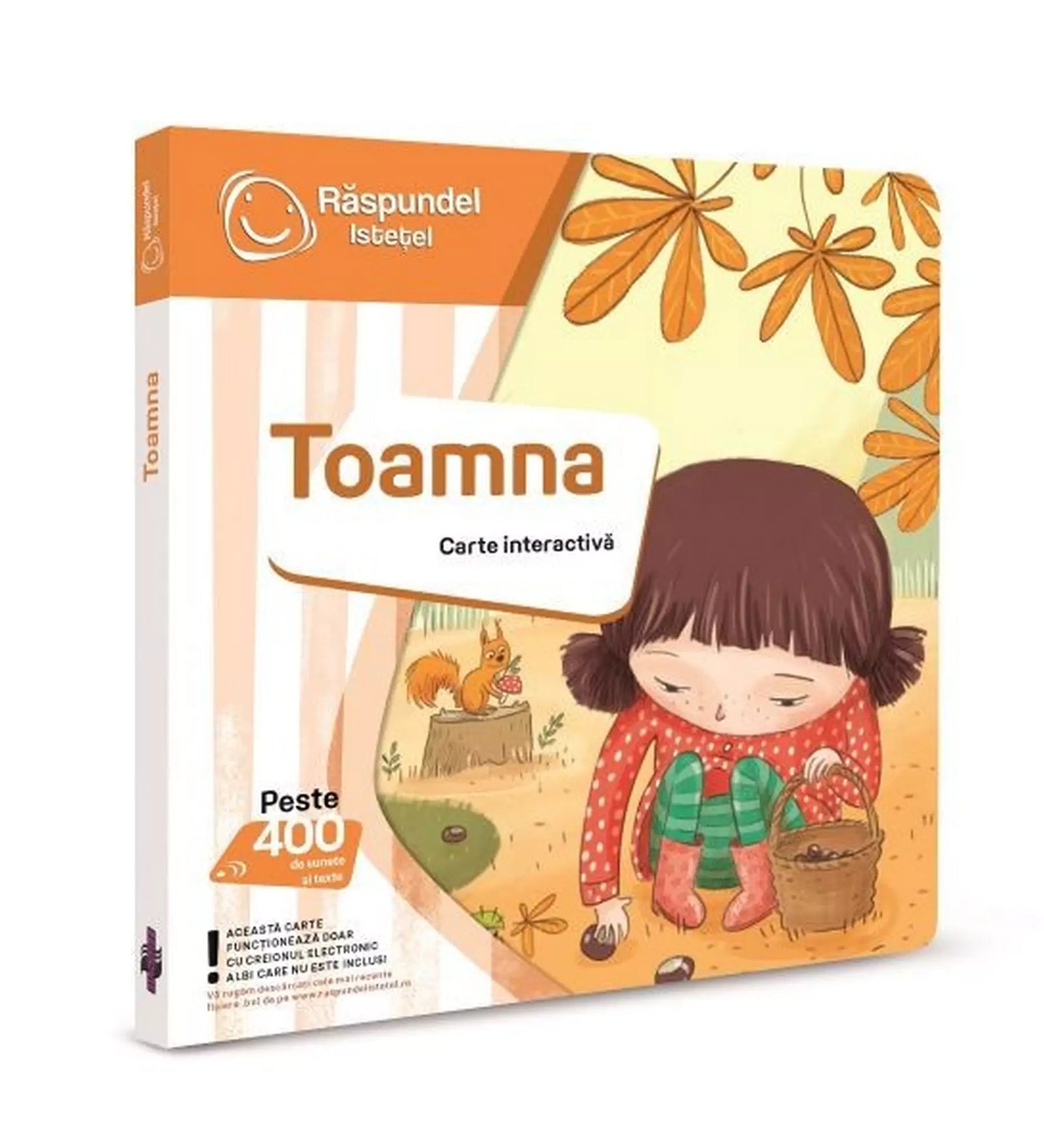 Răspundel Istețel - Toamna című interaktív könyv borítója, amelyen egy kislány gesztenyét gyűjt az őszi erdőben.