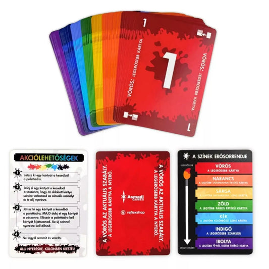 Red7 magyar nyelvű társasjáték színes számozott kártyái és szabálykártyái játék közben elrendezve.