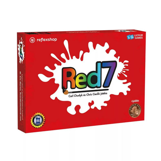 Red7 magyar nyelvű társasjáték piros doboza fehér festékfolt mintával és színes Red7 logóval.
