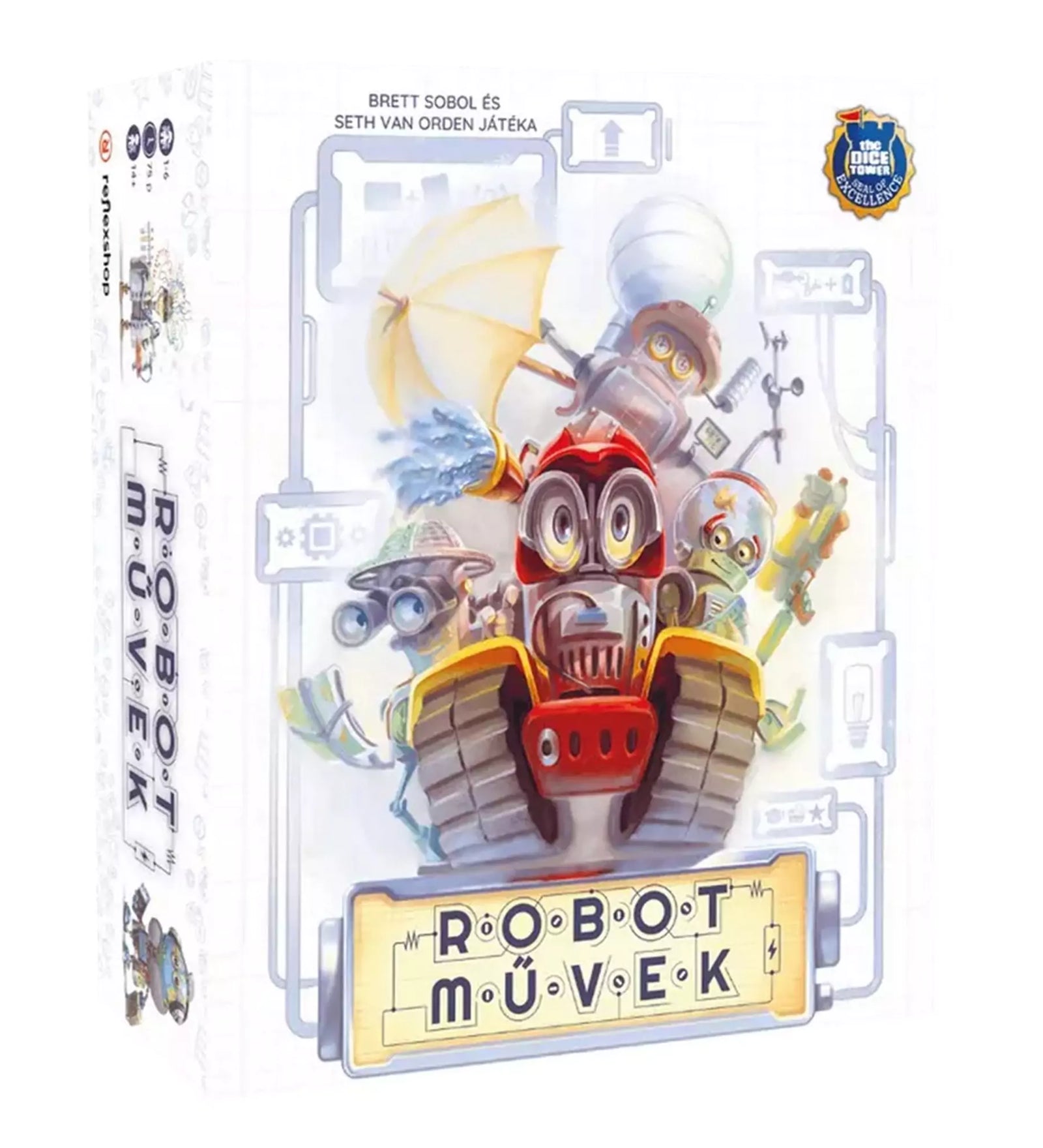 A Robot Művek társasjáték doboza színes grafikával, amely különböző egyedi robotokat ábrázol, a játék világát bemutatva.