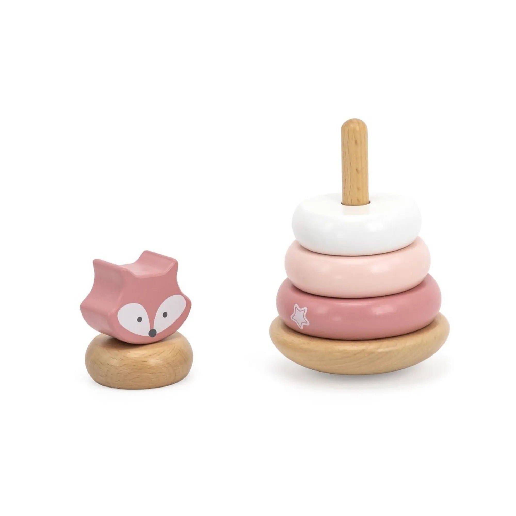 Rózsaszín rókafej figura és pasztell színű fa karikák külön elhelyezve, natur fa talppal a rakosgató játék részeként.